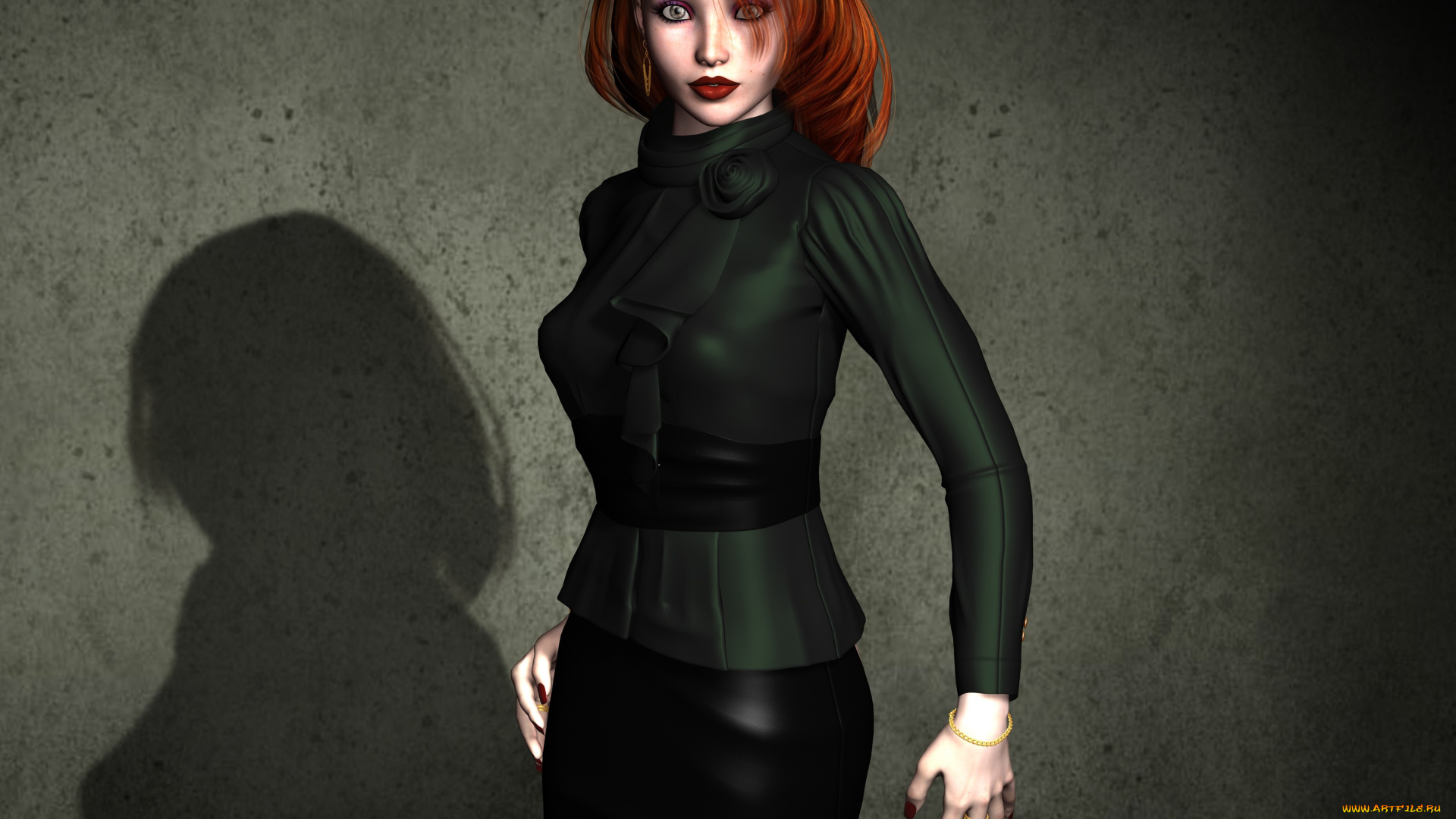 3д, графика, люди, , people, взгляд, тень, рыжая, фон, девушка