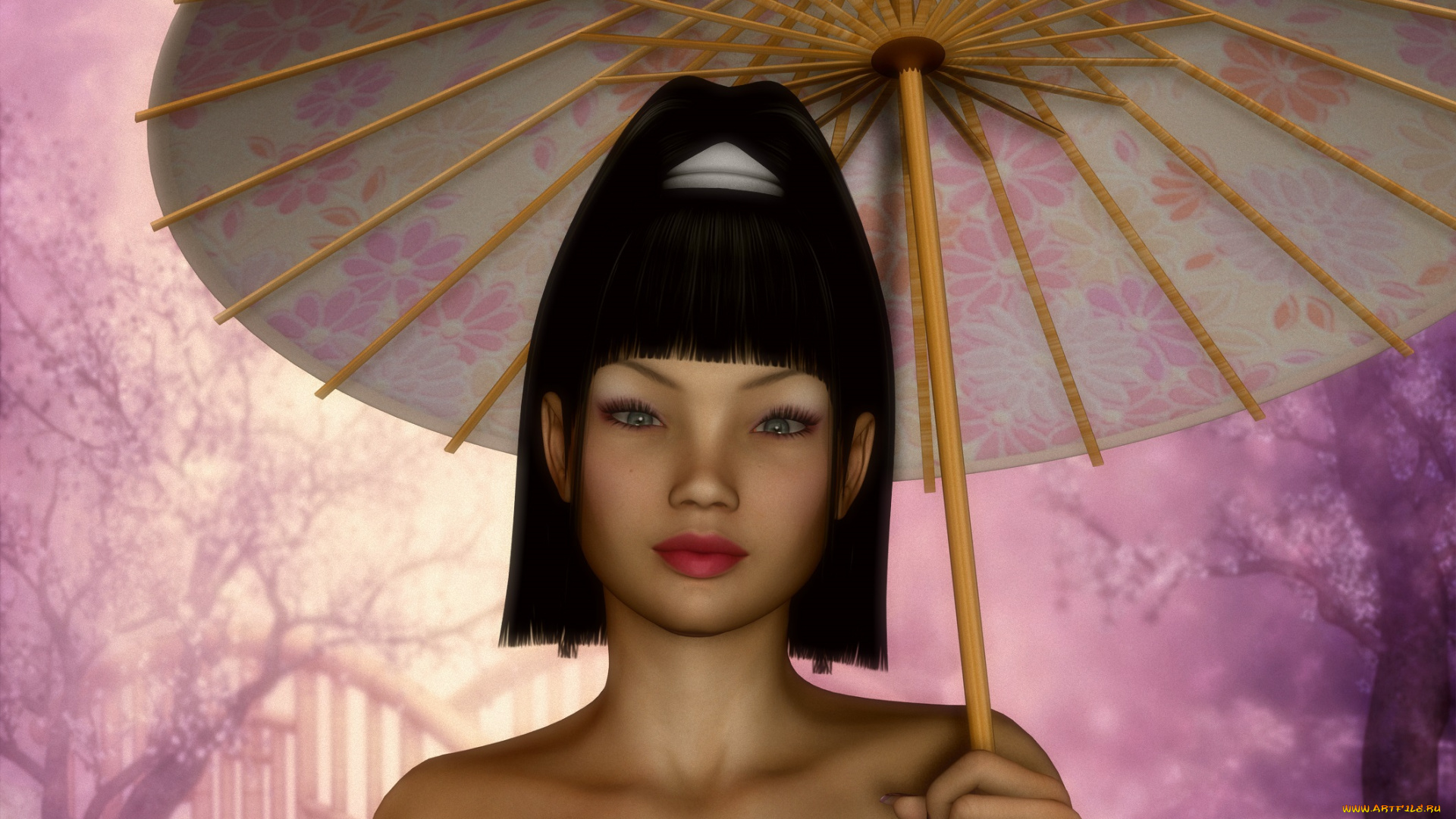 3д, графика, портрет, , portraits, азиатка, зонтик, взгляд, девушка