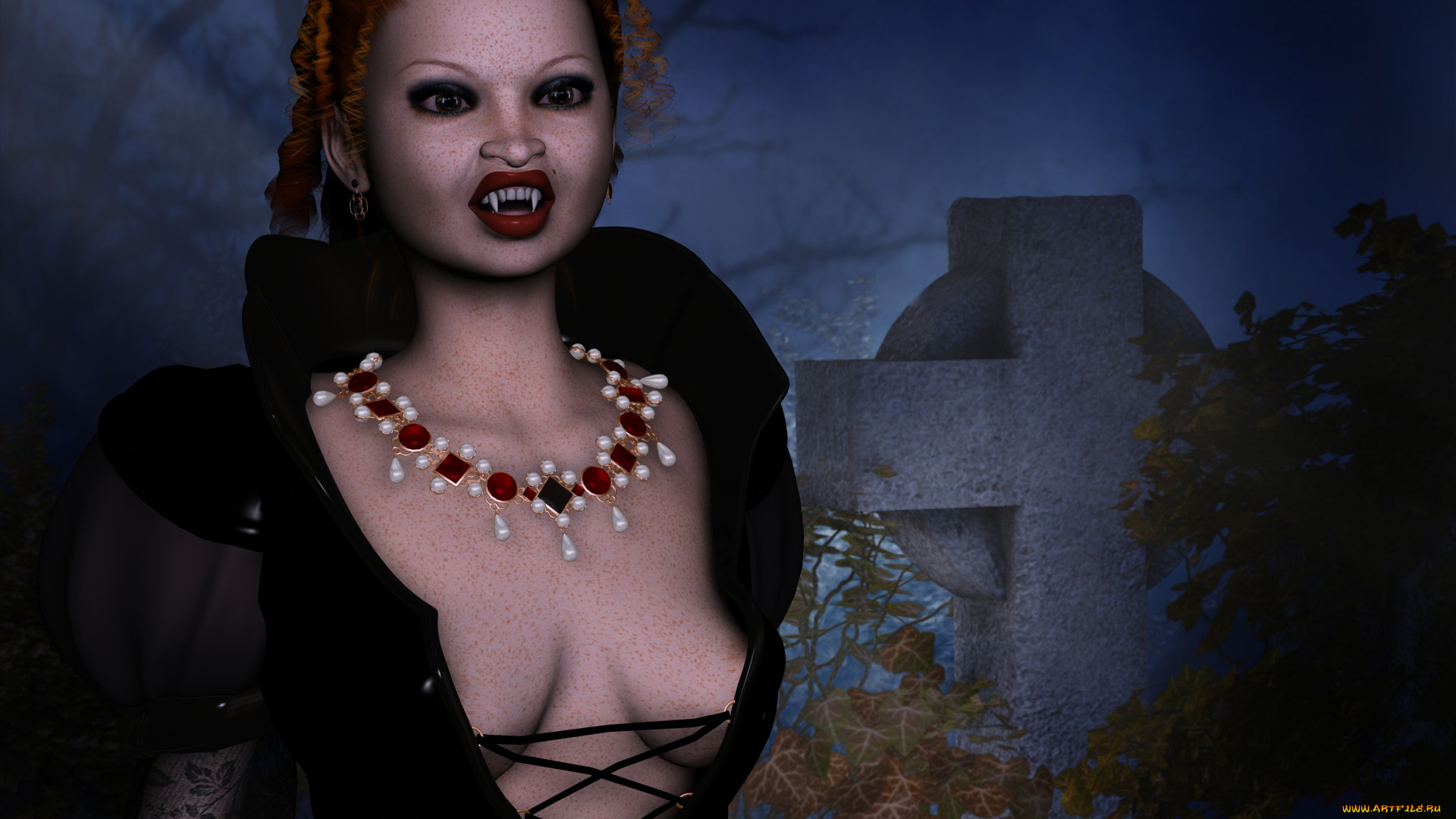 3д, графика, существа, , creatures, вампир, крест, фон, взгляд, девушка