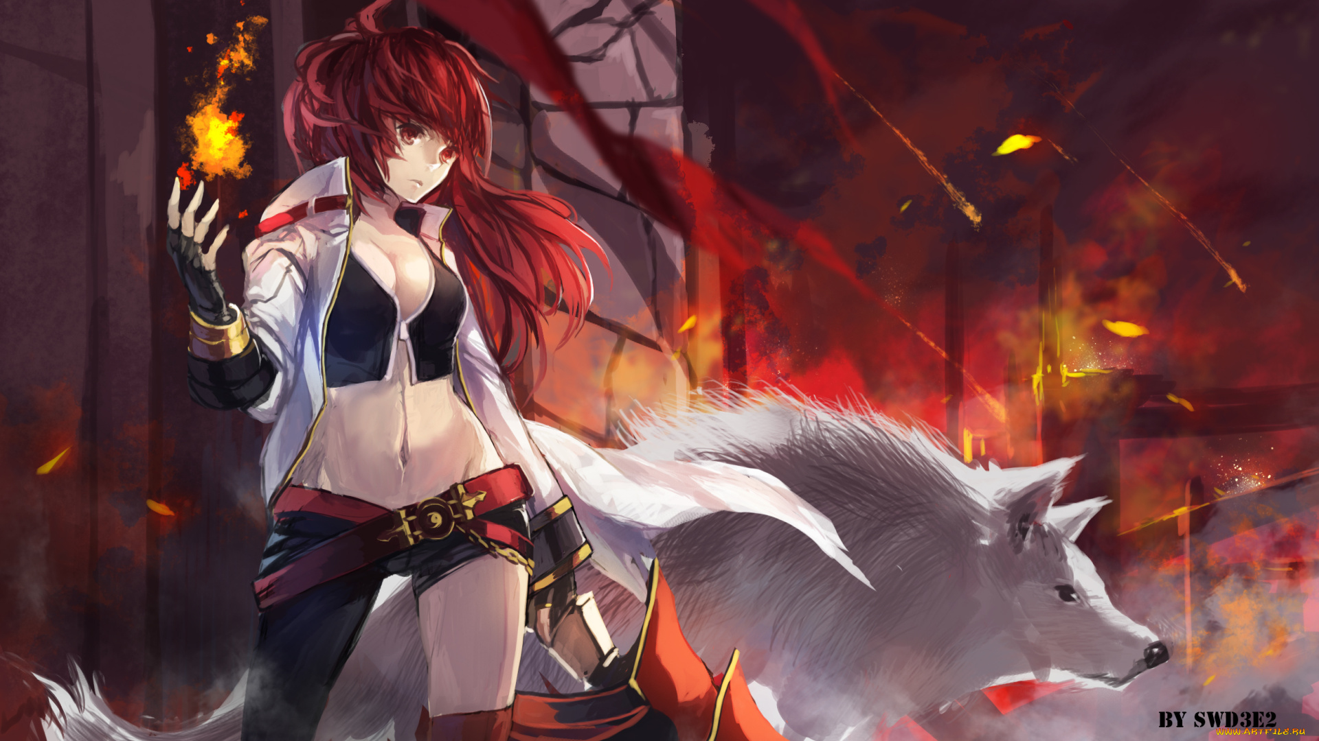 аниме, -halloween, &, magic, огонь, магия, девушка, elsword, swd3e2, ведьма, волк, животное