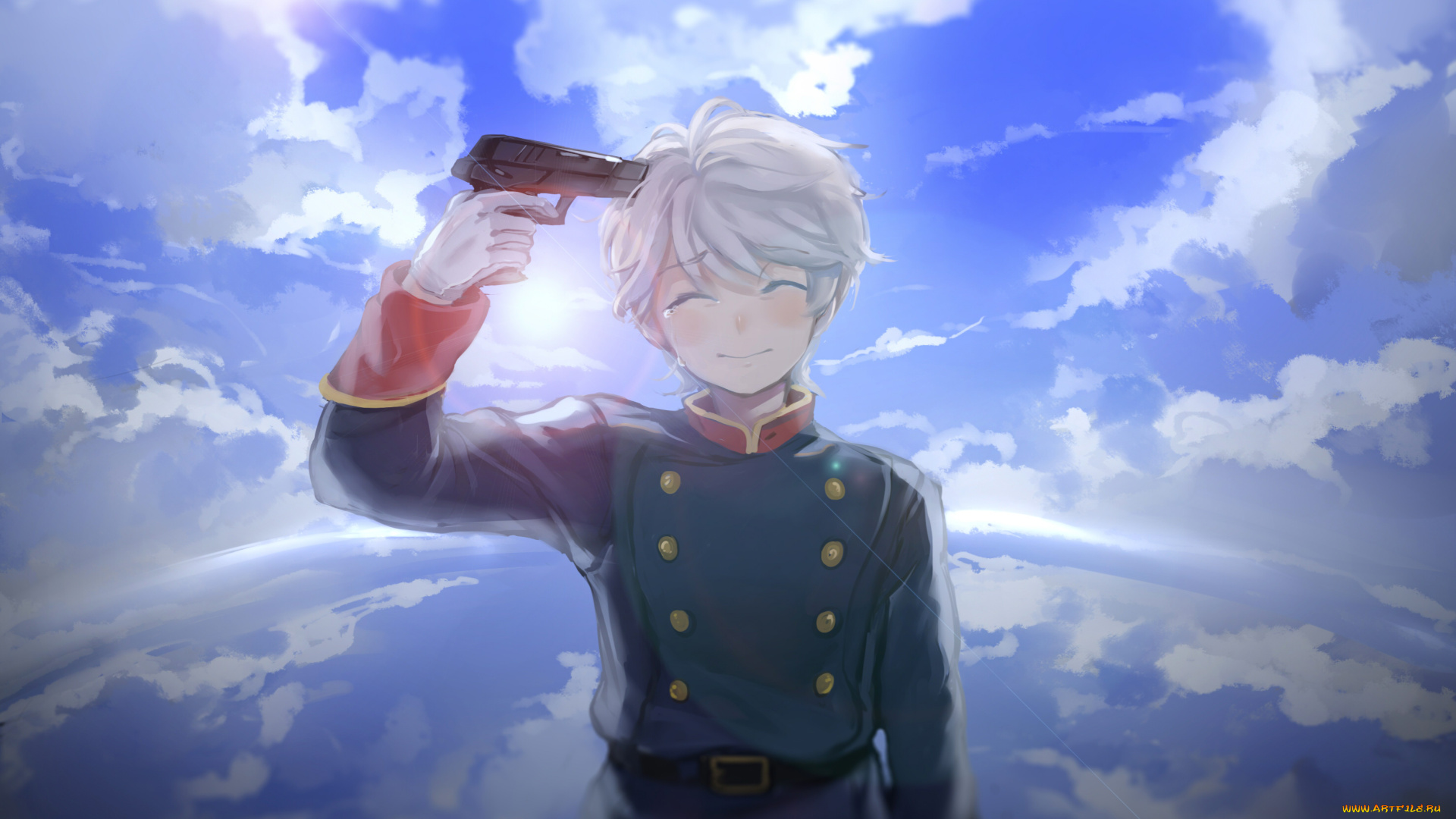 аниме, aldnoah, zero, aldnoah, zero, арт, парень, блондин, пистолет, небо, слеза, облака