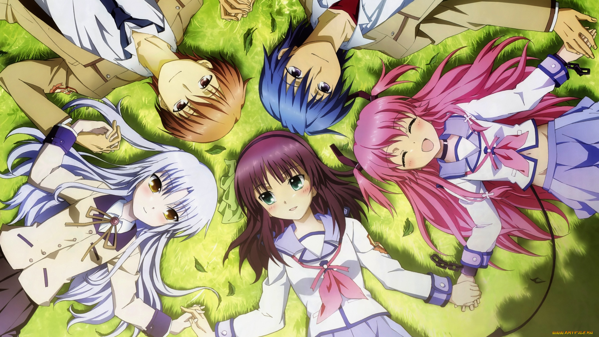 аниме, angel, beats, лежат, лужайка, девушки, парни