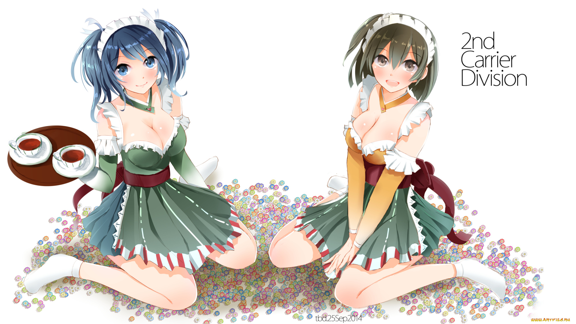 аниме, kantai, collection, девушки, цветы, поднос, горничные, чашки, чай, белый, фон, сидят