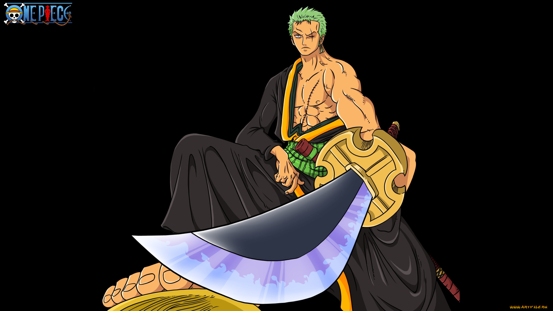 аниме, one, piece, меч, парень, roronoa, zoro, чёрный, фон