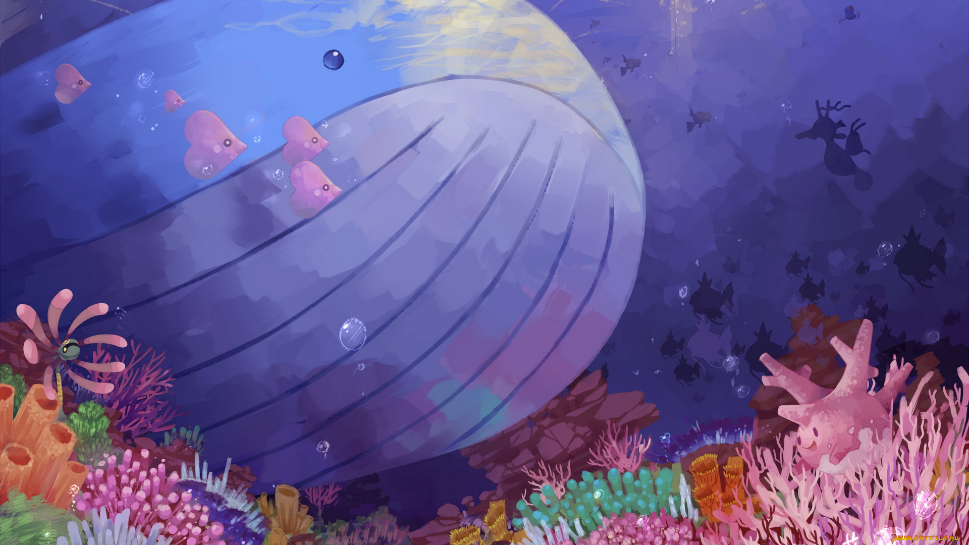 аниме, pokemon, кит, рыбы, океан, покемоны, кораллы, арт