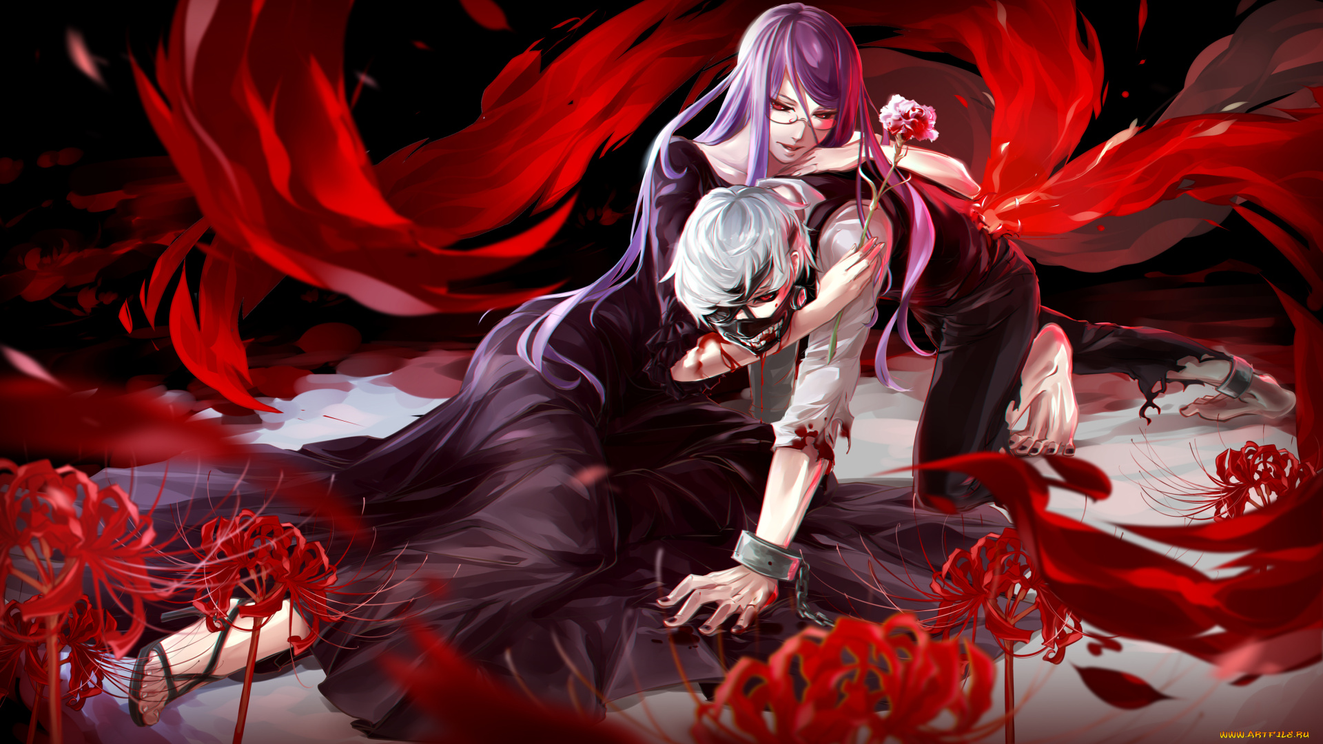 аниме, tokyo, ghoul, tokyo, ghoul, цветы, kamishiro, rize, парень, kaneki, ken, взгляд, кровь, боль, объятья, коготь, гуль, девушка, nye, art