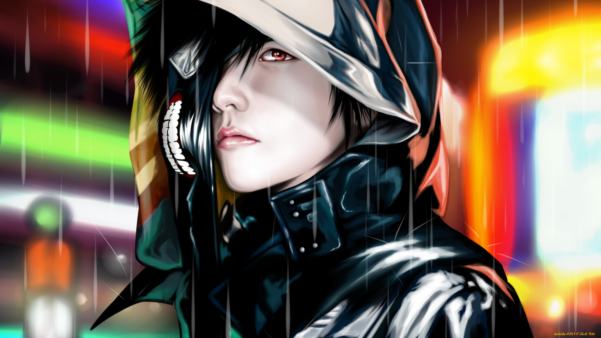 аниме, tokyo, ghoul, tokyo, ghoul, токийский, гуль, парень, маска, дождь, капюшон
