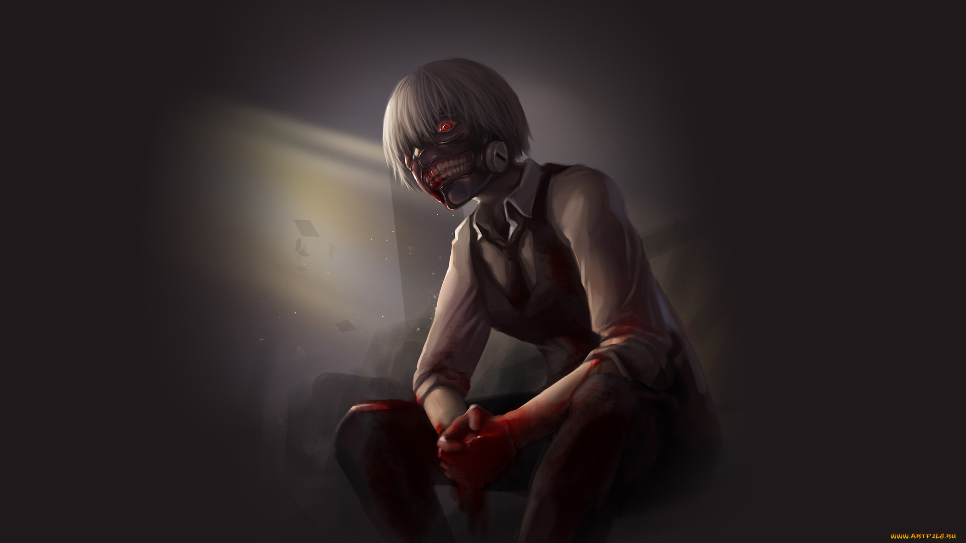 аниме, tokyo, ghoul, tokyo, ghoul, токийский, гуль, kaneki, ken, канеки, кен, взгляд, маска, красный, глаз, белые, волосы, кровь, anime