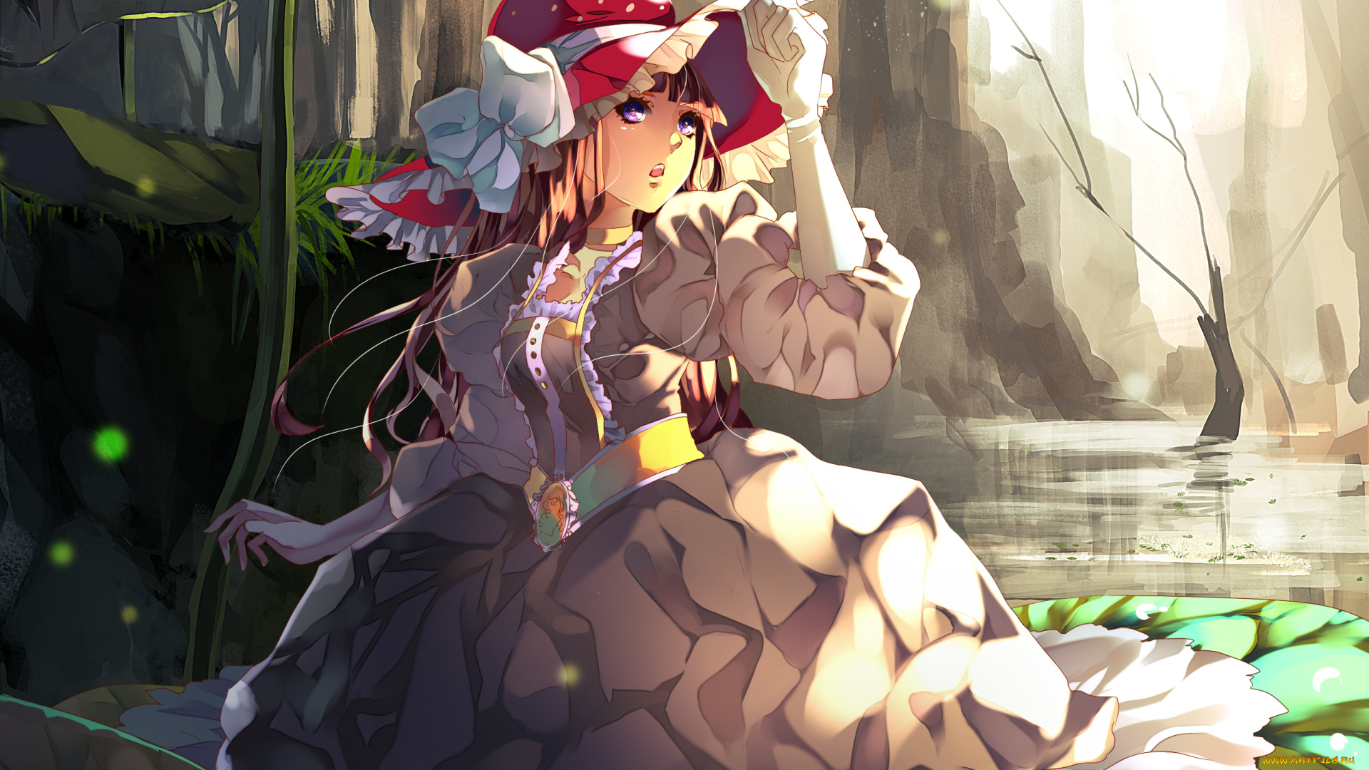 аниме, *unknown, , другое, art, aiki-ame, девушка, шляпа, перчатки, вода