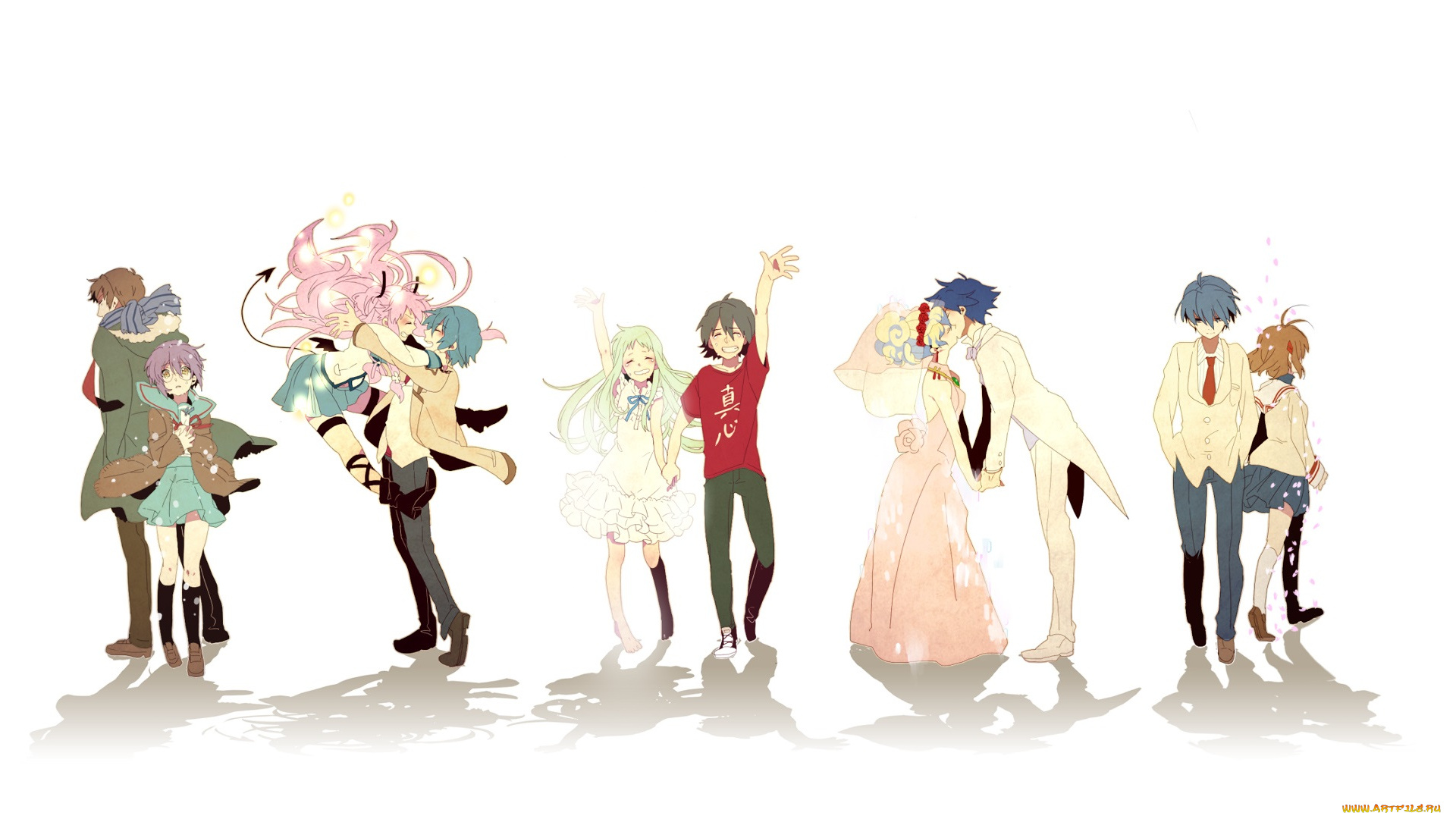 аниме, *unknown, , другое, белый, фон, арт, мужчины, пары, девушки