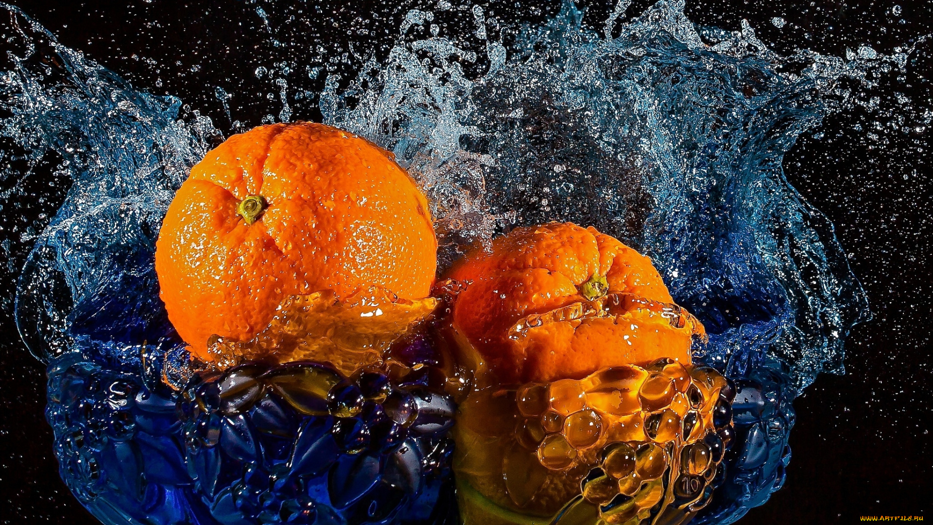 еда, цитрусы, вода, апельсины, брызги