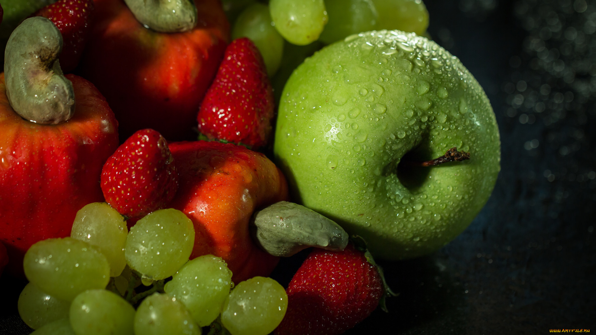 еда, фрукты, , ягоды, яблоки, клубника, лайм, капли