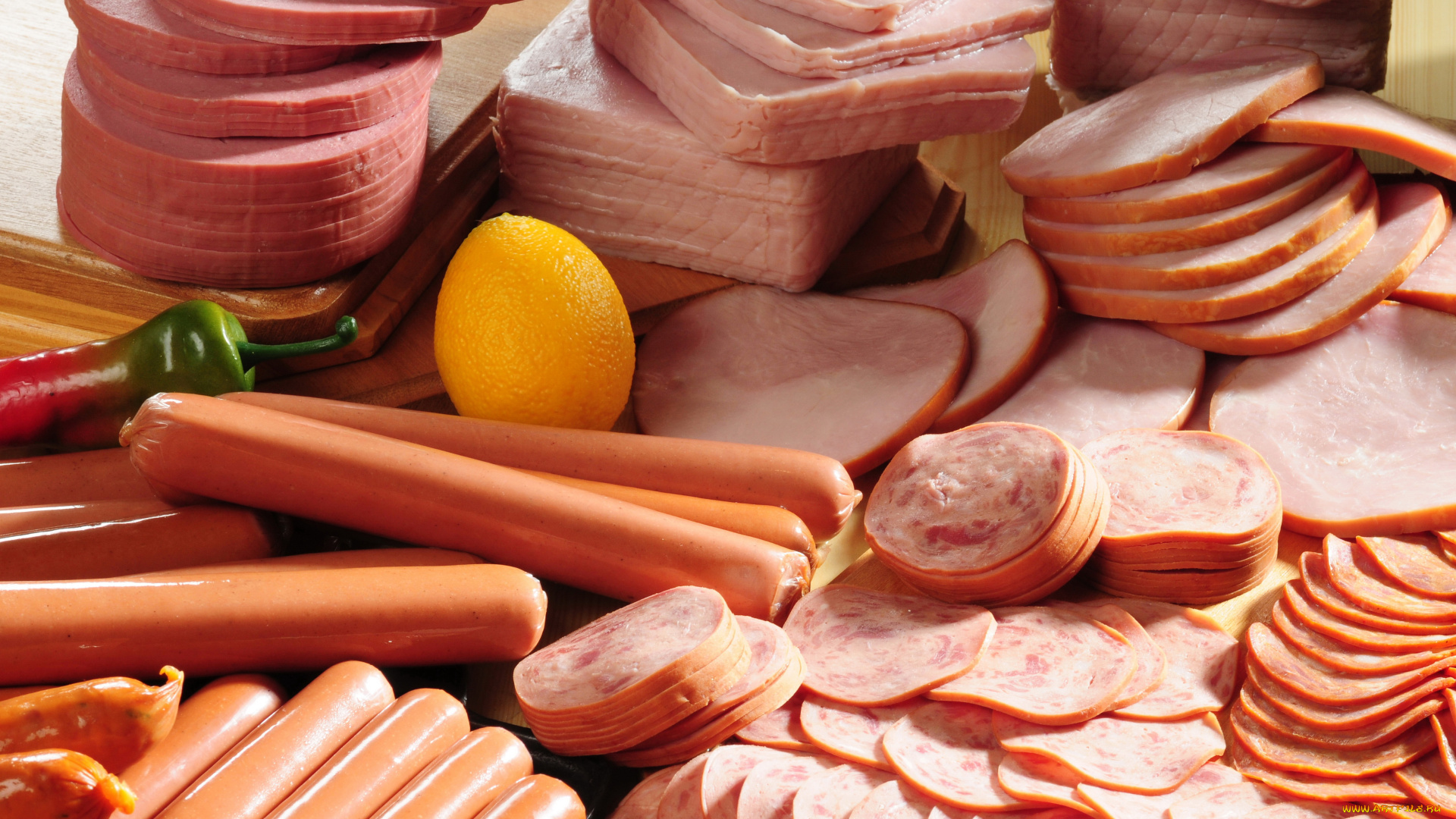 еда, колбасные, изделия, лимон, нарезка, сосиски, колбаса