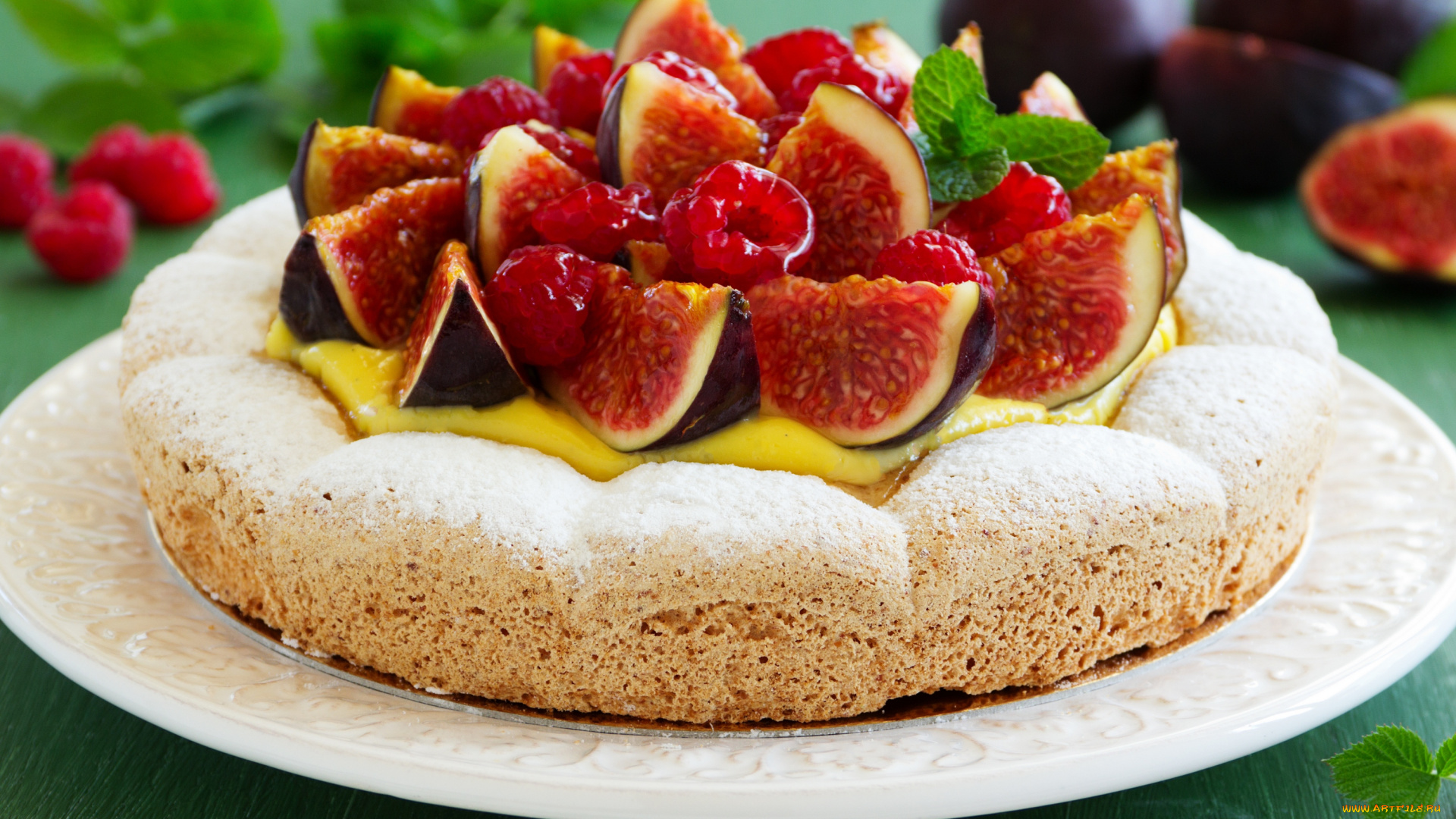 еда, пироги, пирог, инжир, малина, сахарная, пудра, cake, figs, raspberries, powdered, sugar