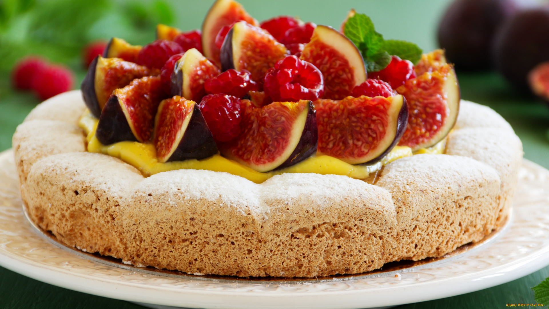 еда, пироги, пирог, инжир, малина, сахарная, пудра, cake, figs, raspberries, powdered, sugar