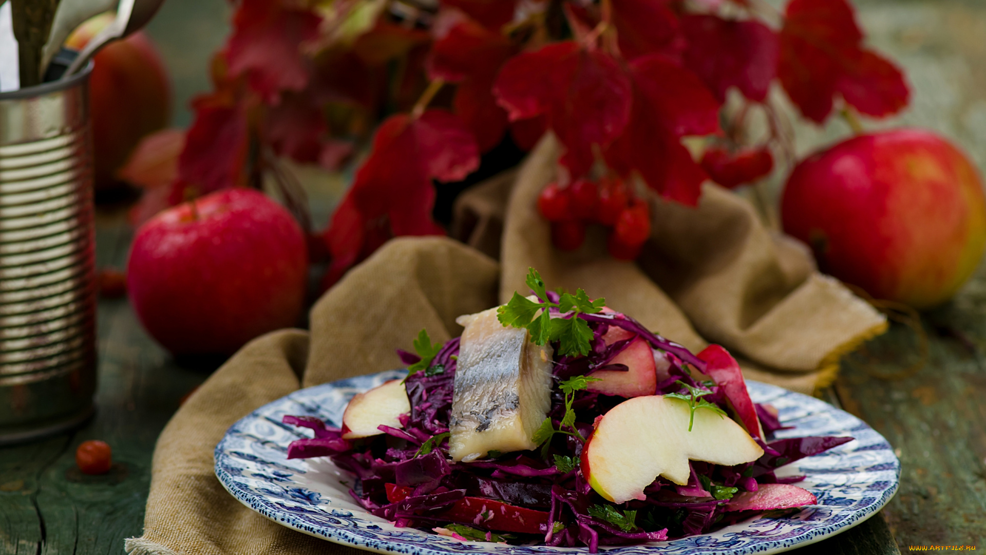 еда, салаты, , закуски, сельдь, яблоко, капуста, салат