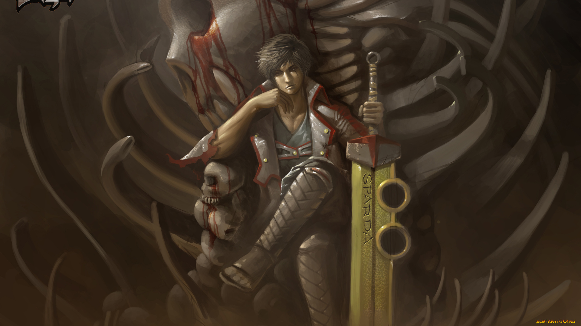 видео, игры, ~~~другое~~~, парень, anime, art, кровь, кости, ninja, saga, скелет, меч