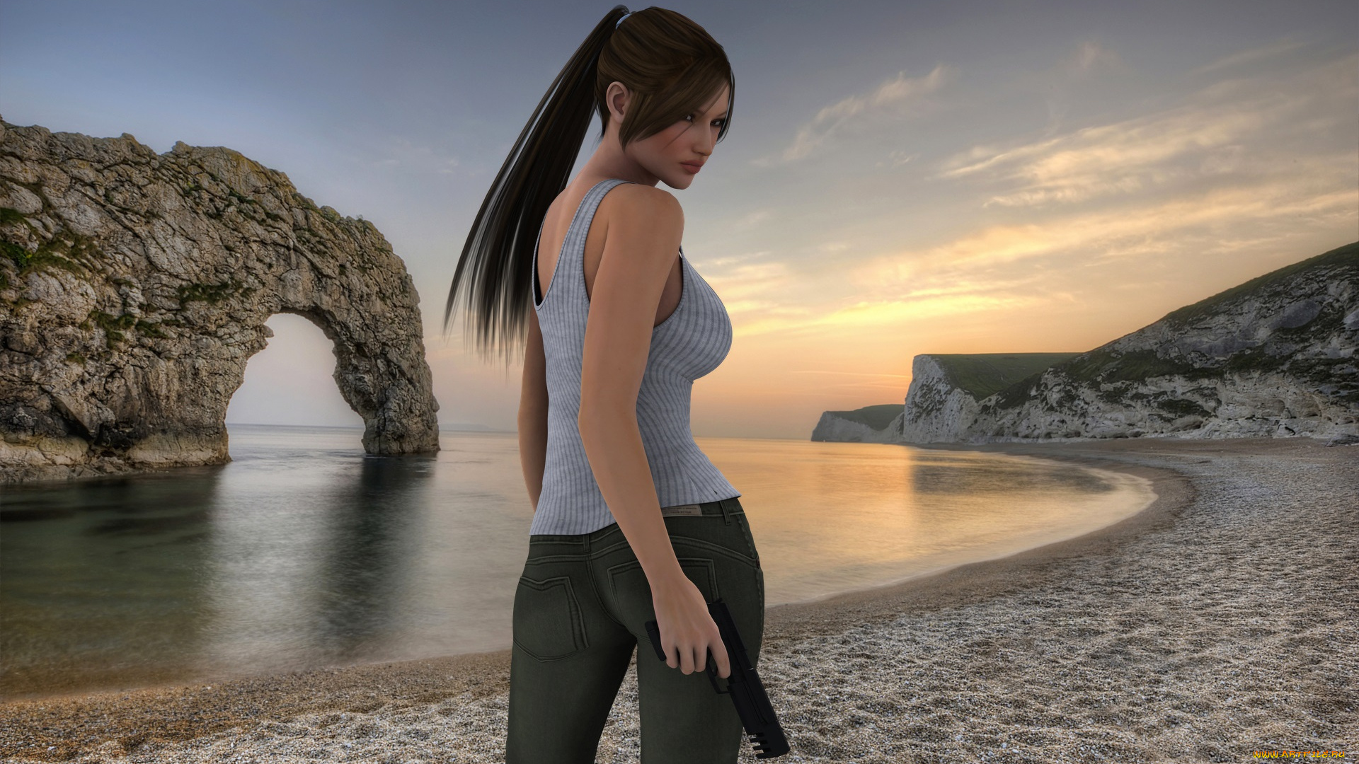 young, lara, 3д, графика, люди, , people, оружие, взгляд, скала, пляж, море, девушка