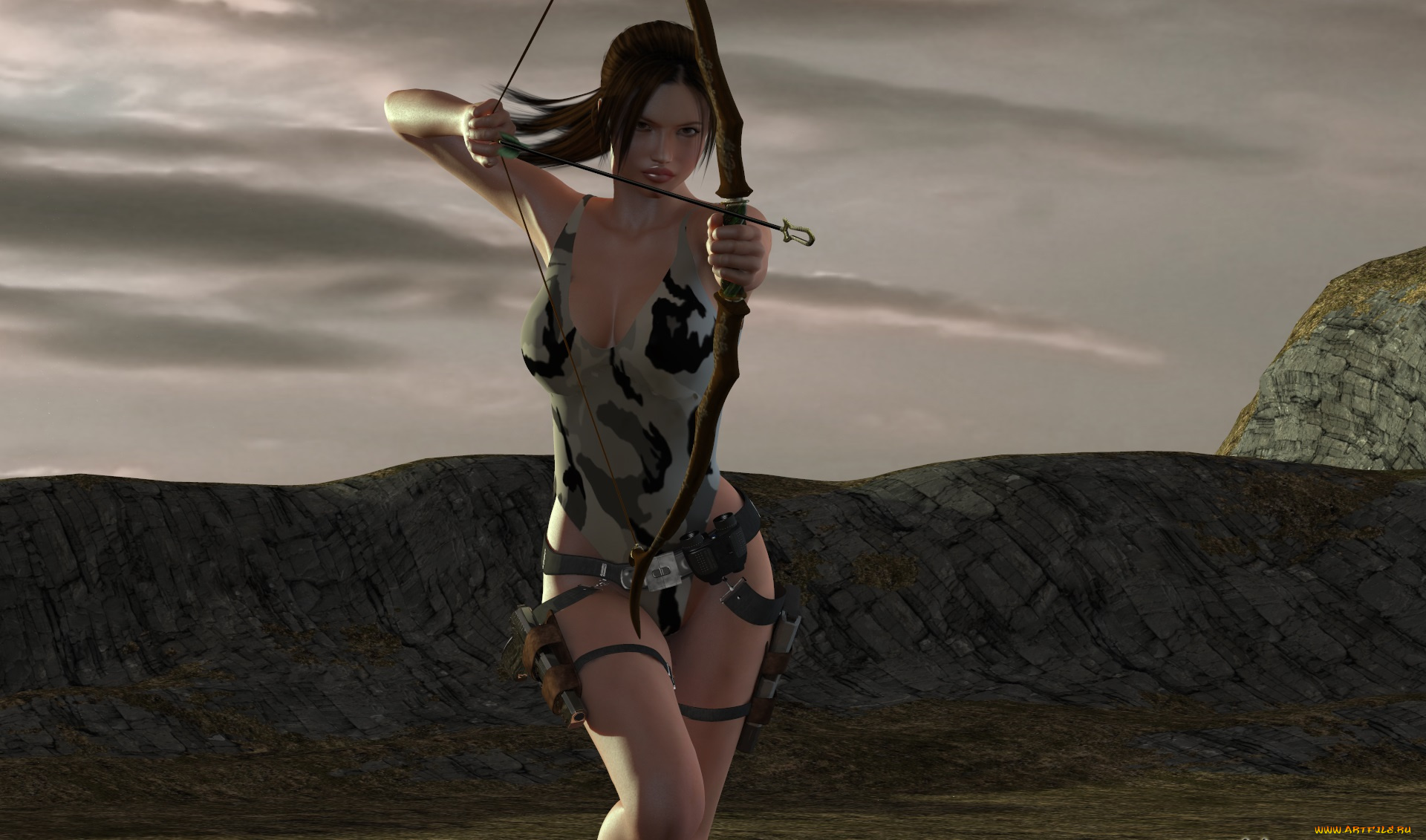 young, lara, 3д, графика, люди, , people, арбалет, девушка, взгляд