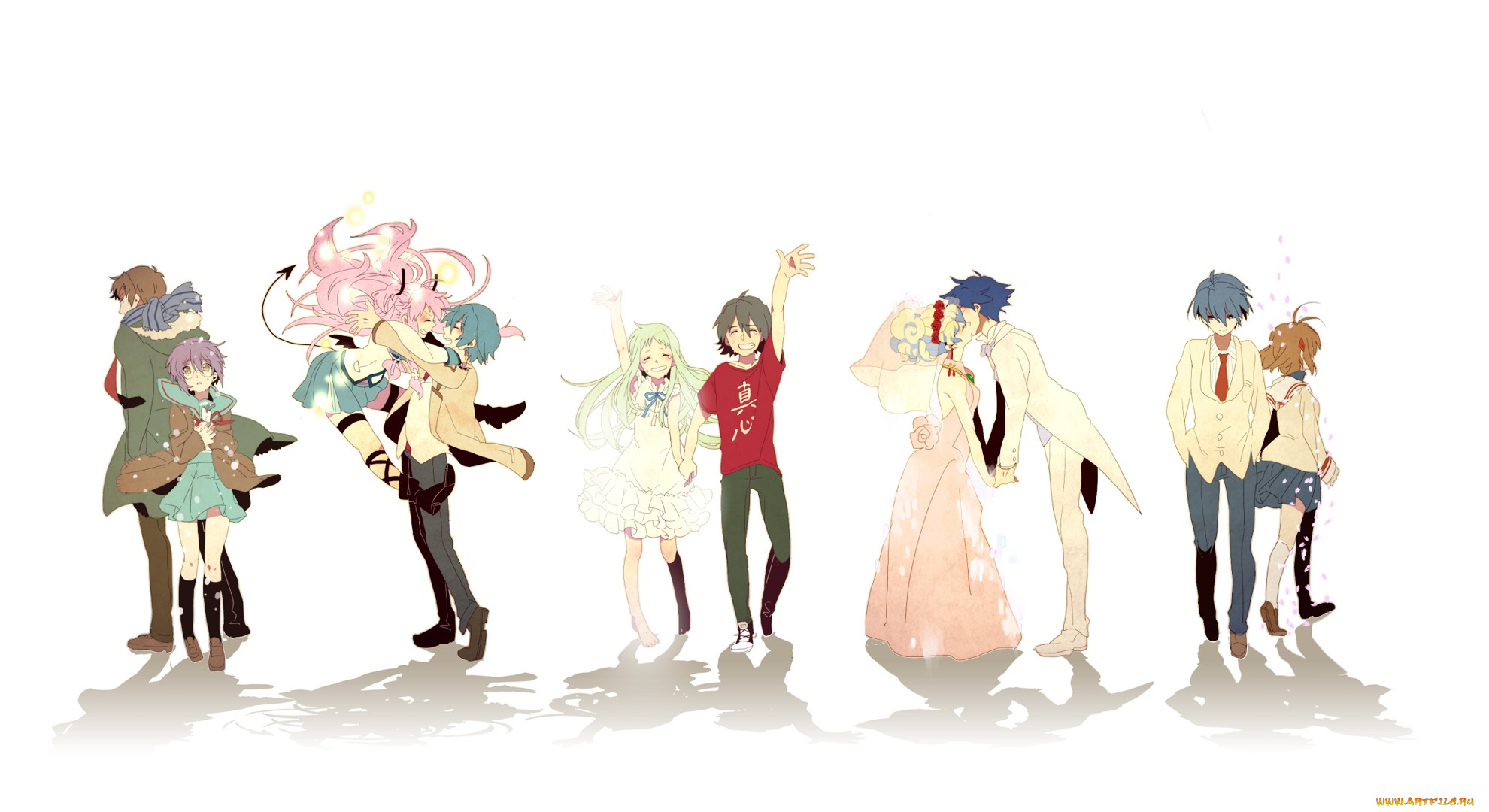аниме, *unknown, , другое, белый, фон, арт, мужчины, пары, девушки
