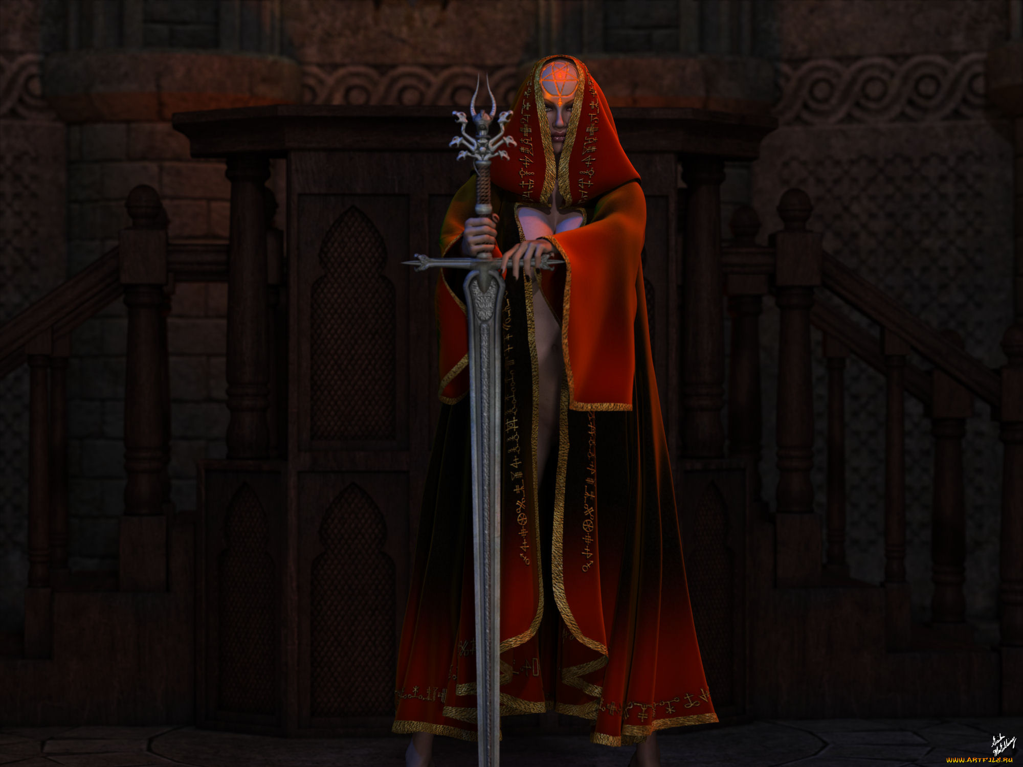 3д, графика, фантазия, , fantasy, меч, накидка, фон, взгляд, девушка