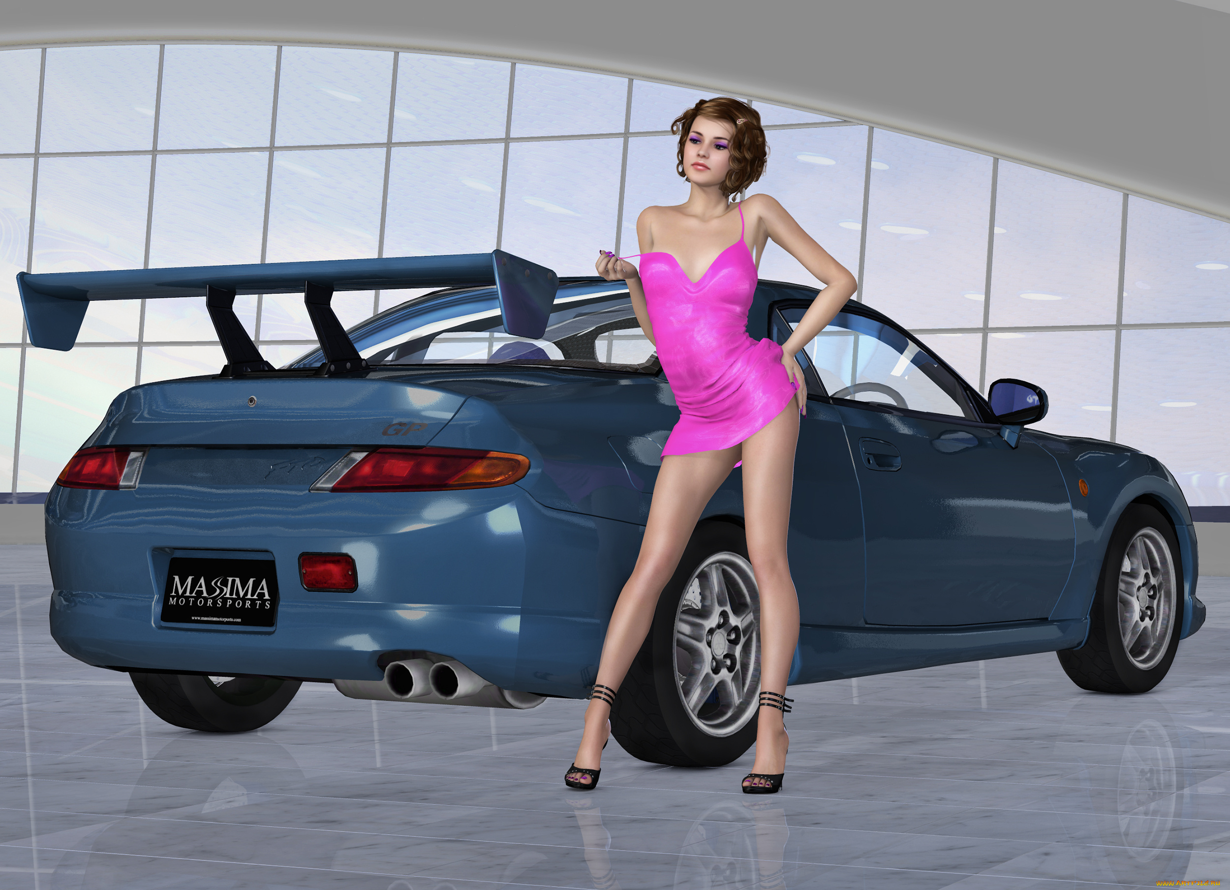 автомобили, 3d, car&girl, девушка, взгляд, автомобиль