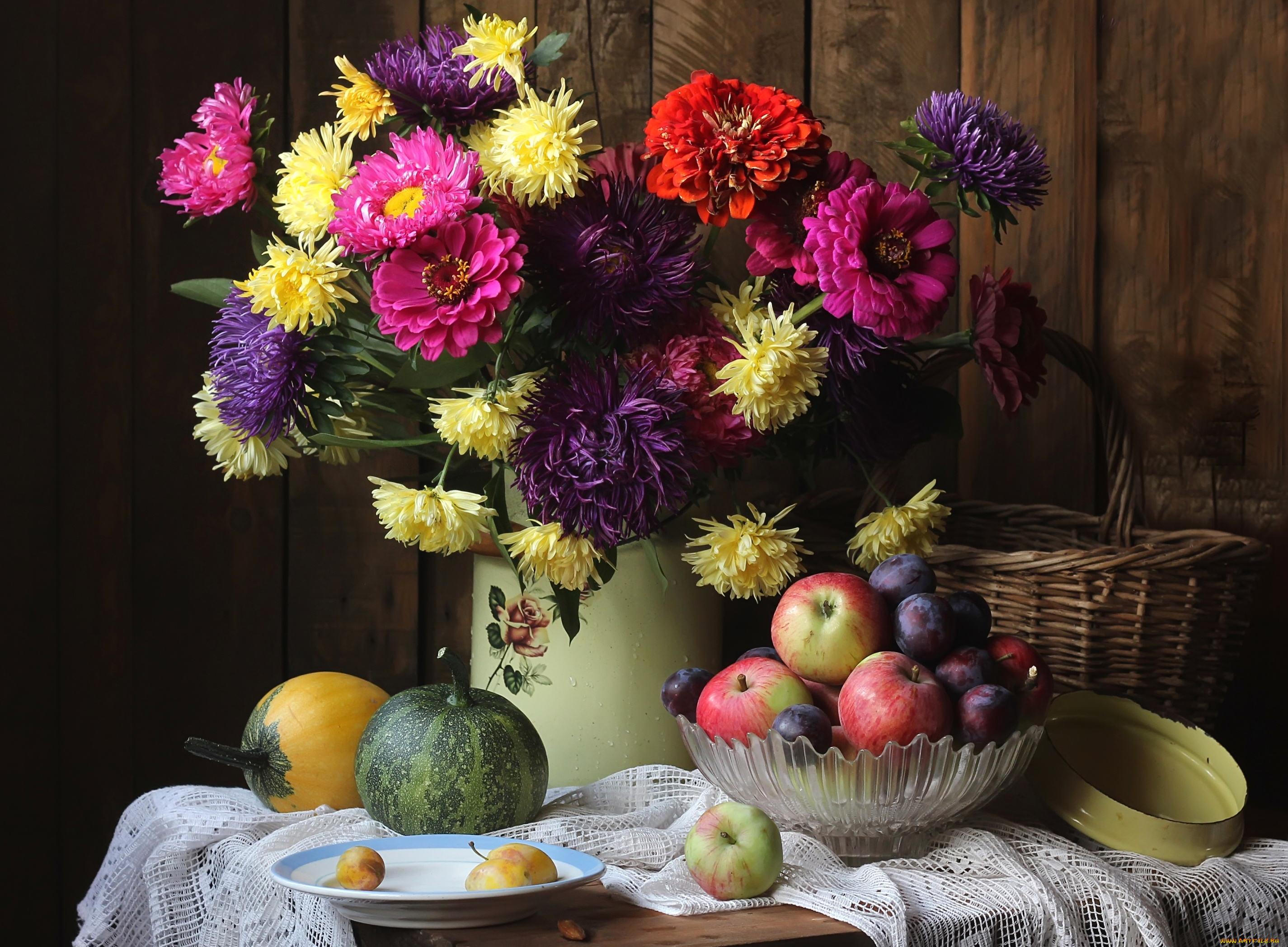 еда, натюрморт, астры, тыква, букет, яблоки