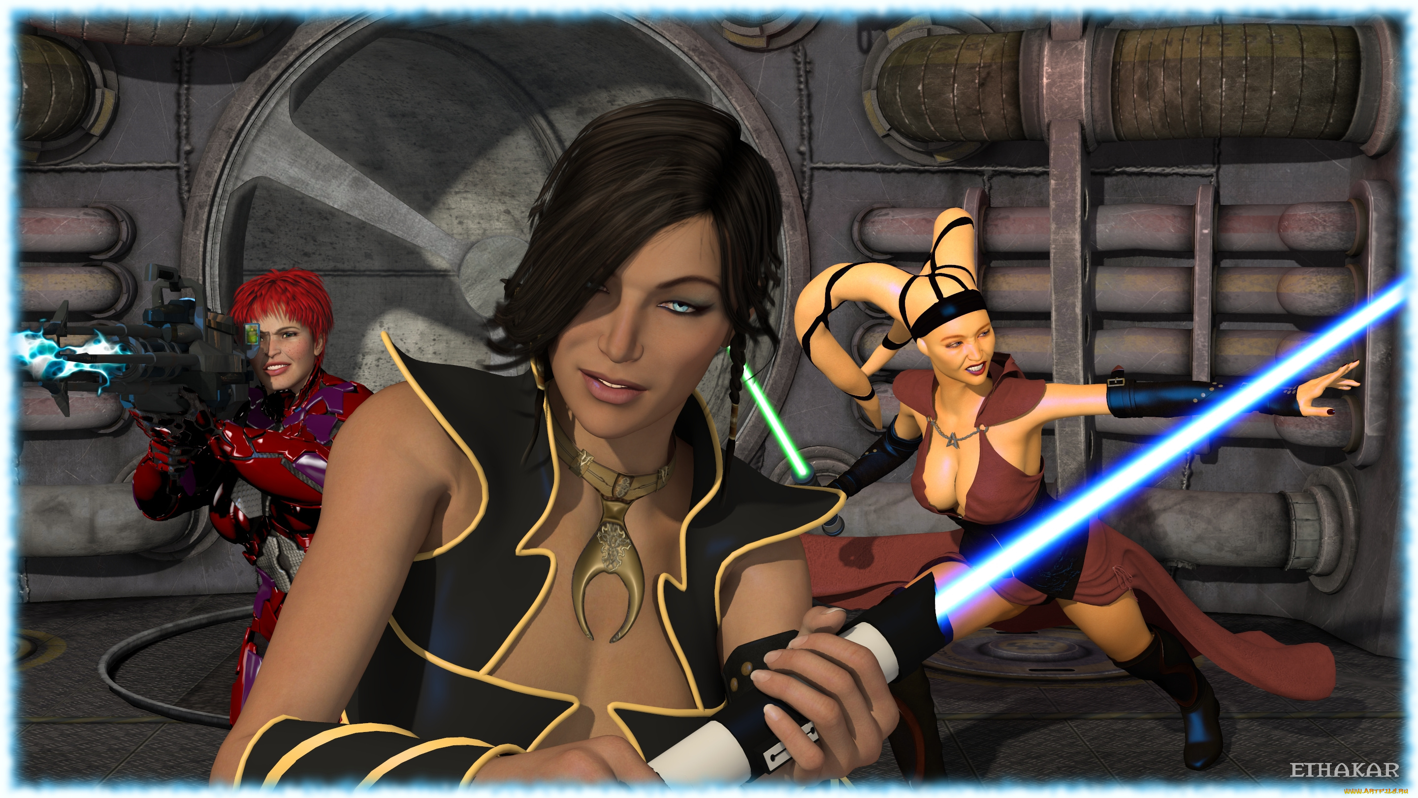 3д, графика, фантазия, , fantasy, халк, взгляд, оружие, девушки