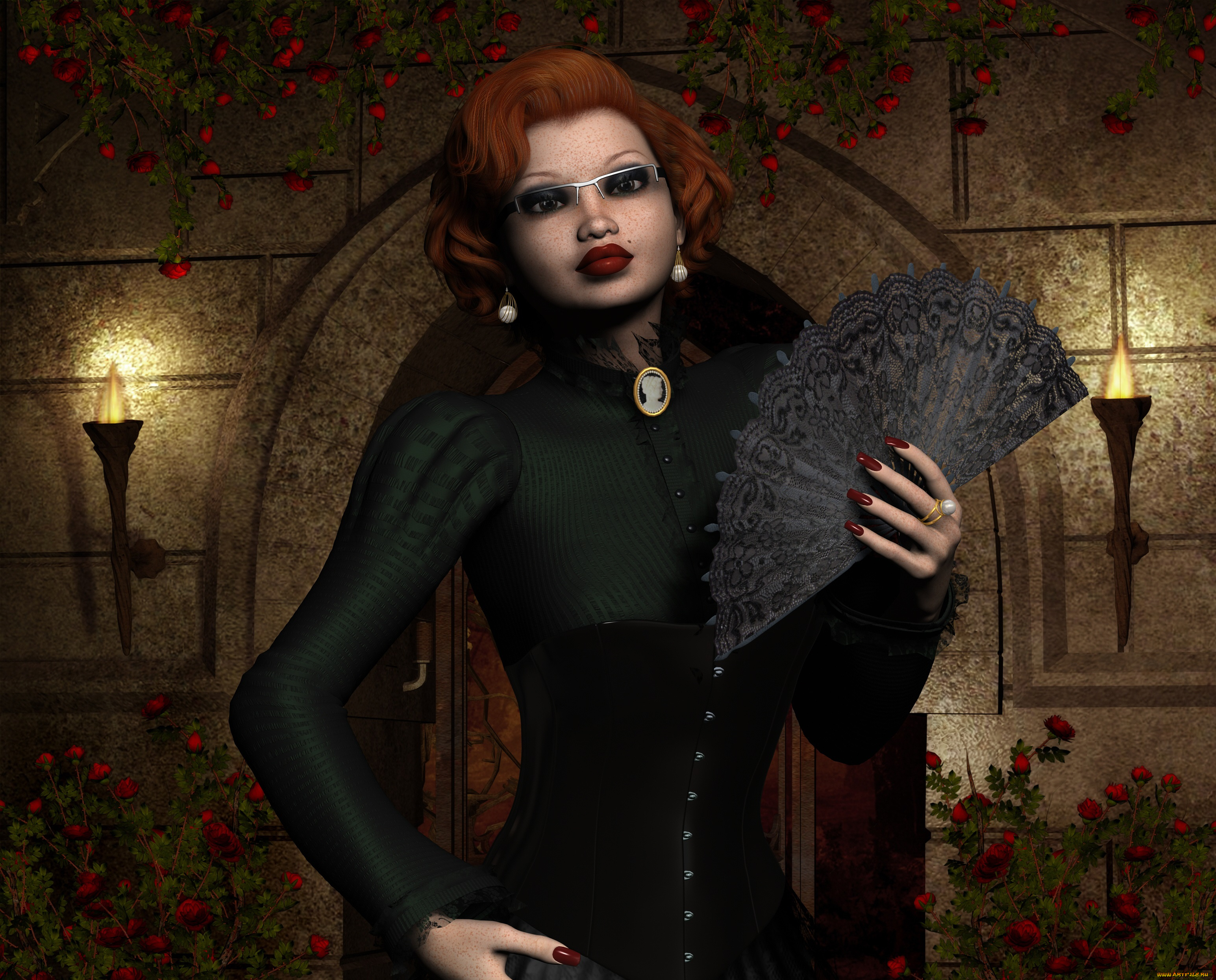 3д, графика, люди, , people, цветы, веер, рыжая, очки, фон, взгляд, девушка