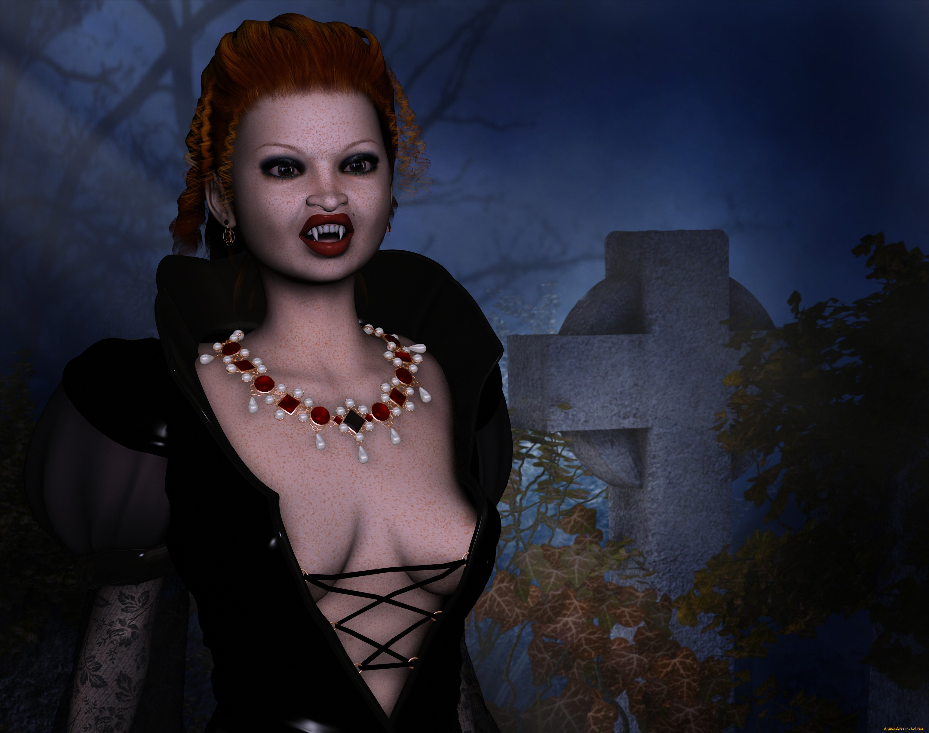 3д, графика, существа, , creatures, вампир, крест, фон, взгляд, девушка