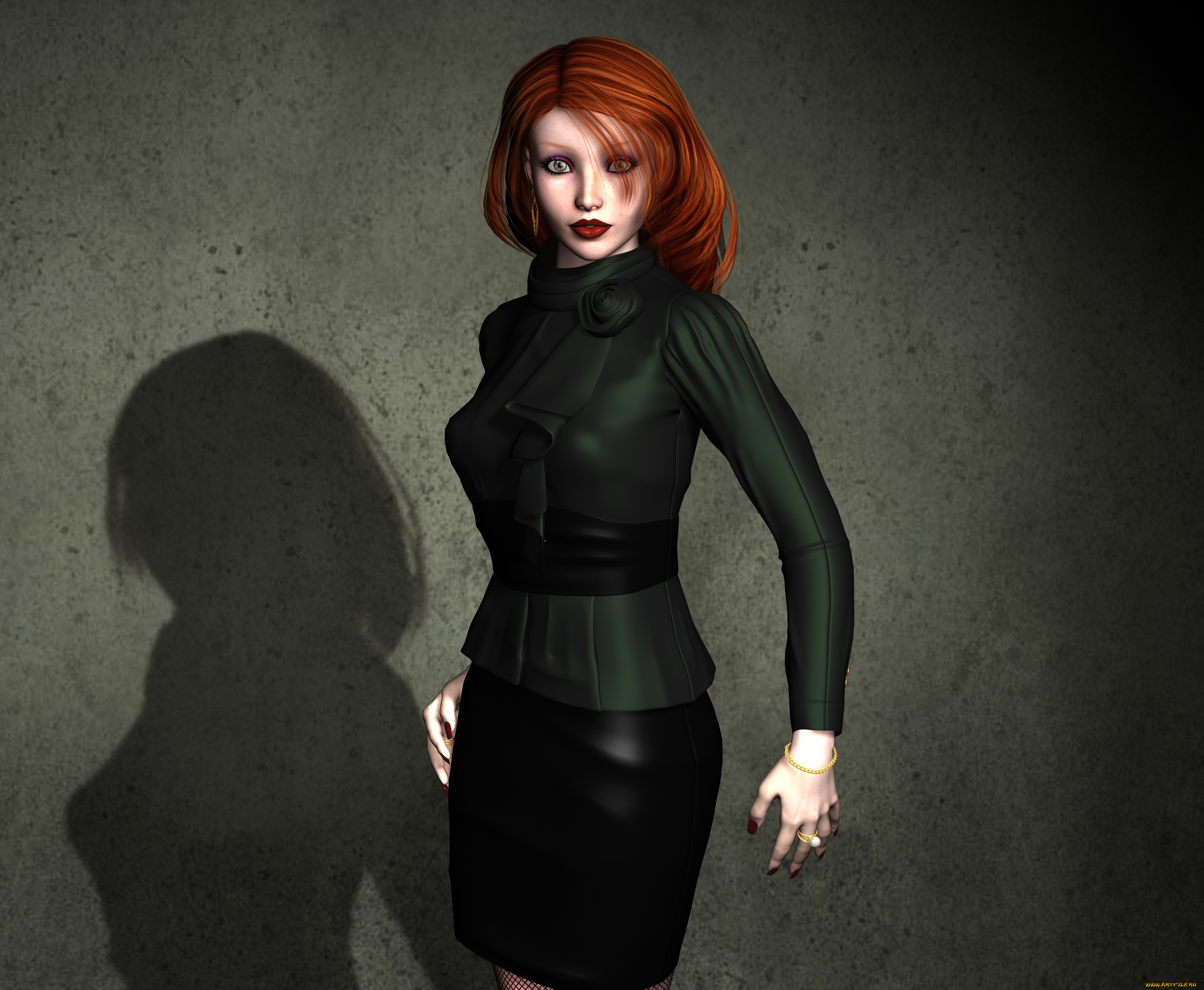 3д, графика, люди, , people, взгляд, тень, рыжая, фон, девушка