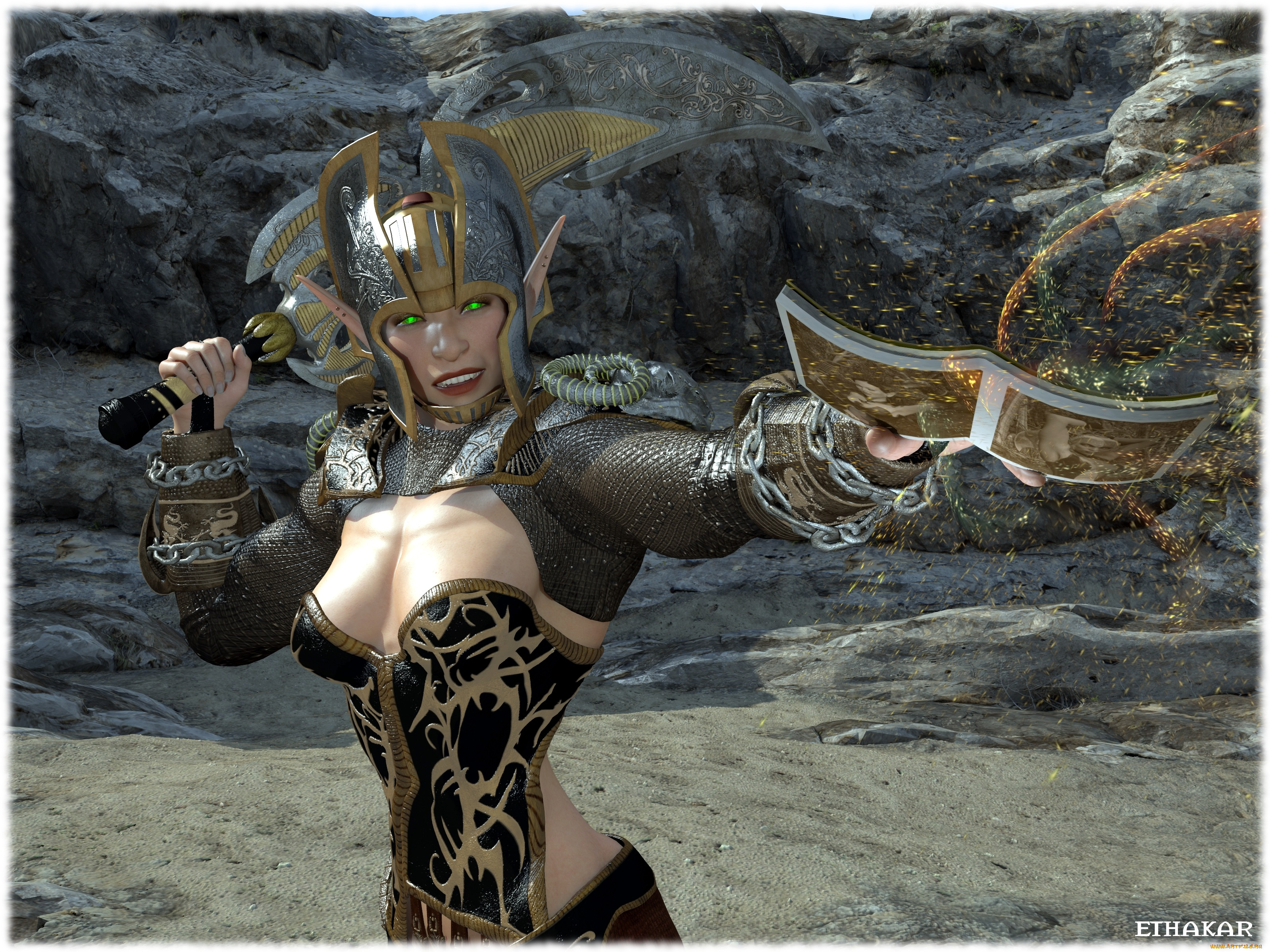 3д, графика, эльфы, , elves, фон, доспехи, оружие, взгляд, эльфийка