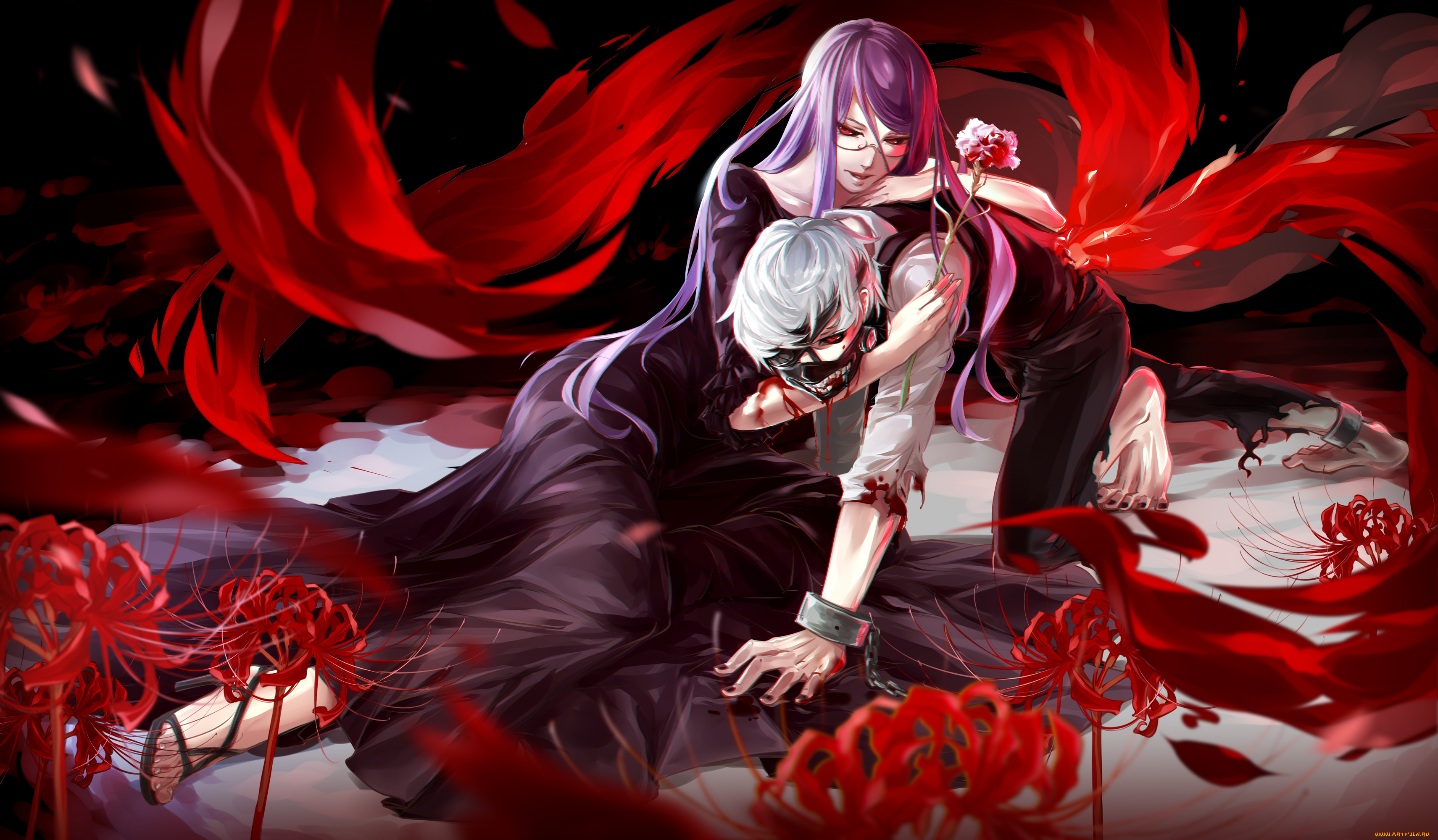 аниме, tokyo, ghoul, tokyo, ghoul, цветы, kamishiro, rize, парень, kaneki, ken, взгляд, кровь, боль, объятья, коготь, гуль, девушка, nye, art