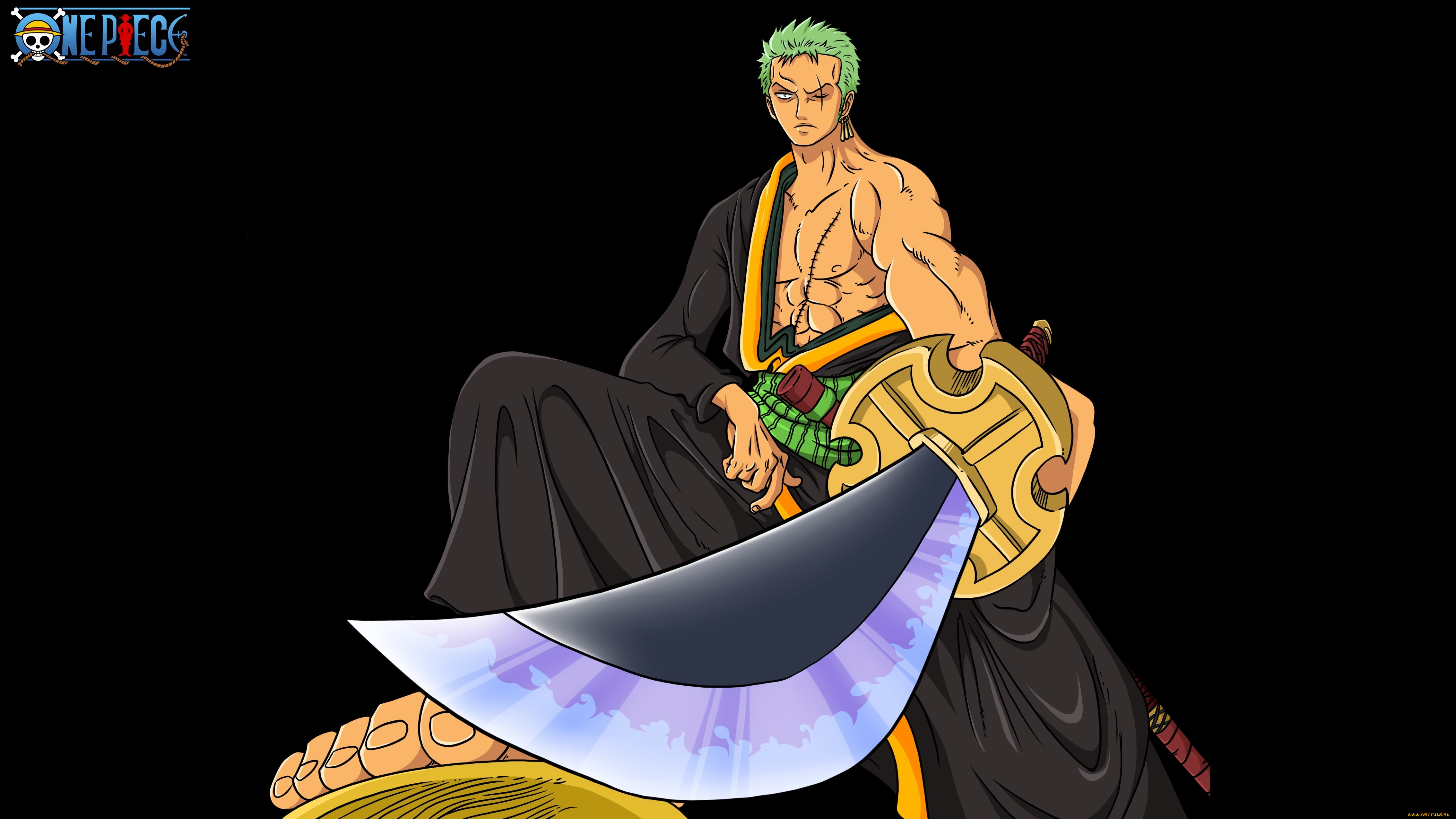 аниме, one, piece, меч, парень, roronoa, zoro, чёрный, фон