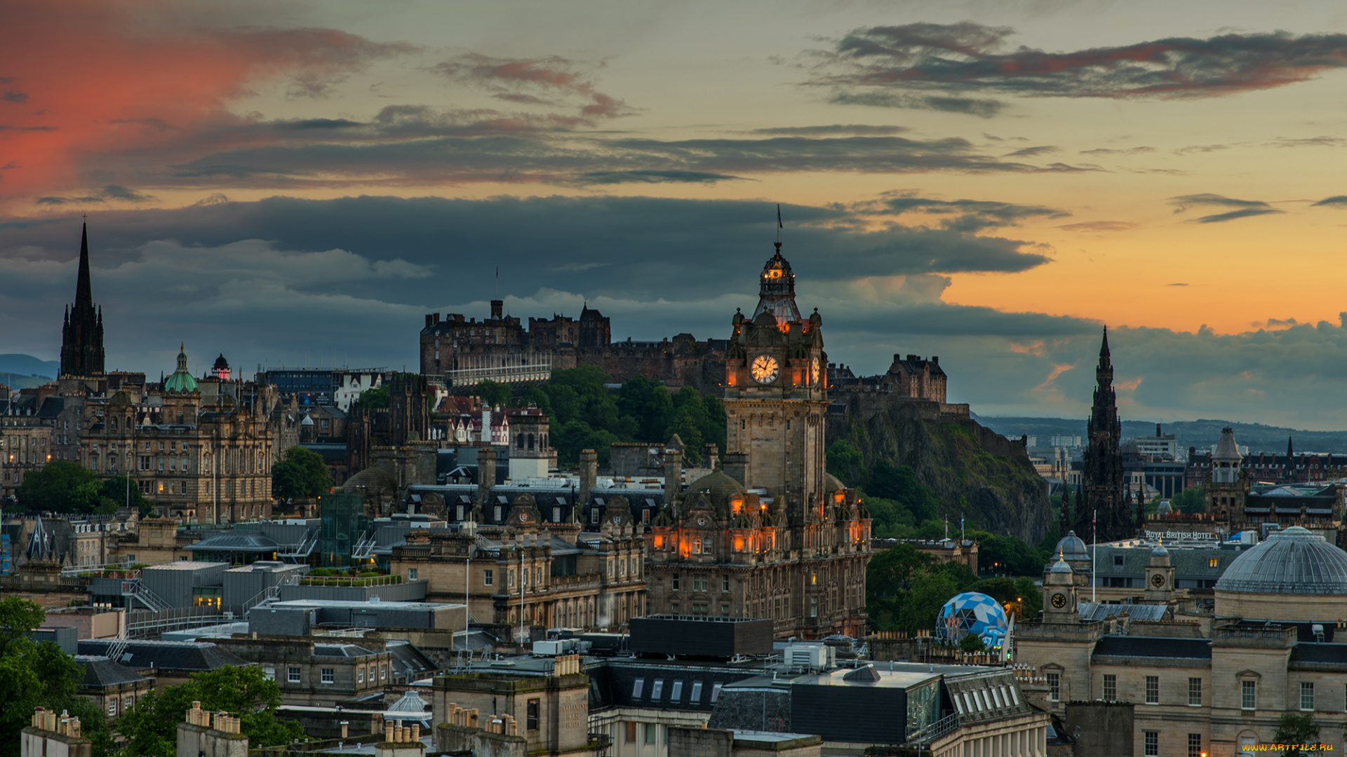 edinburgh, города, эдинбург, , шотландия, ратуша, вечер, замок, панорама