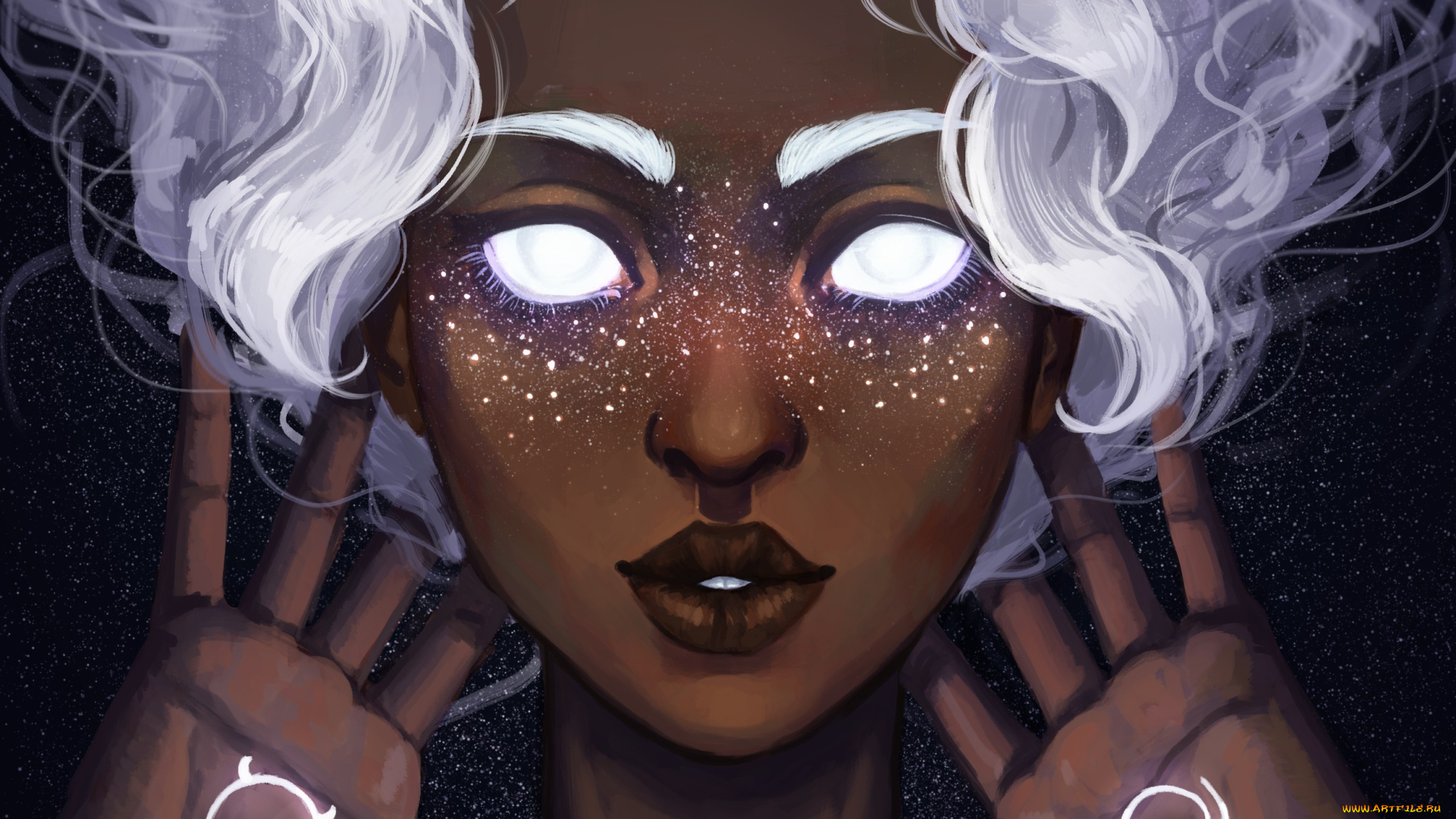 фэнтези, девушки, space, art, ладони, арт, лицо, девушка, ajgiel