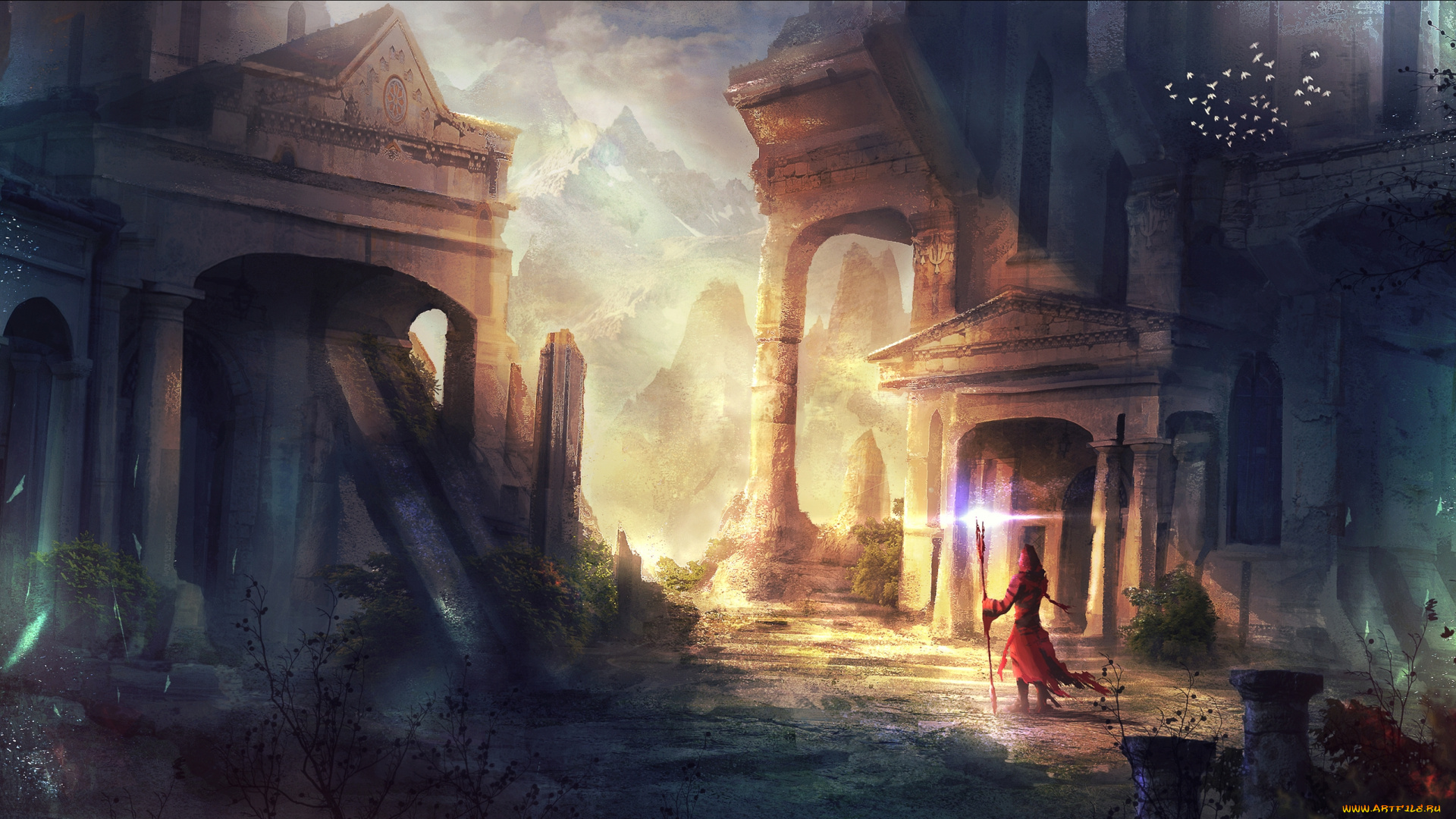 фэнтези, маги, , волшебники, руины, мир, иной, горы, город, посох, колдун