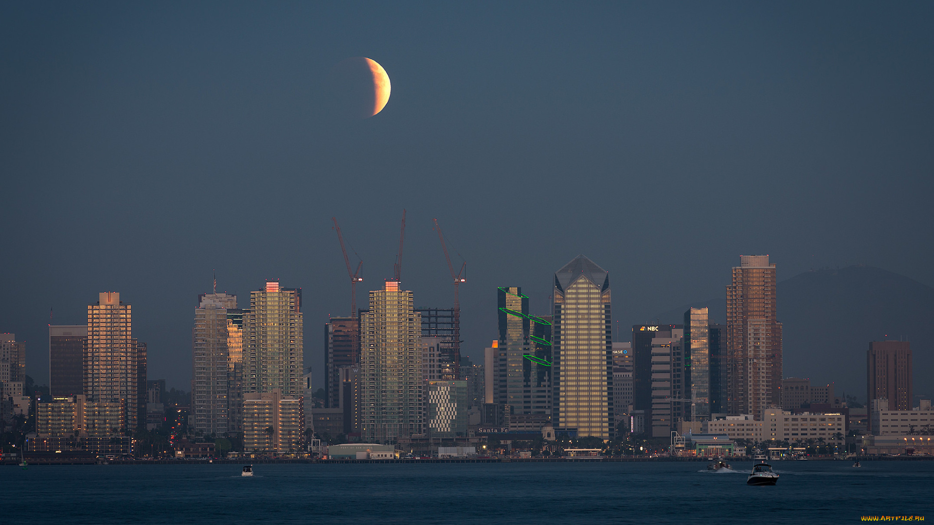 города, сан-диего, , сша, ночь, здания, california, san, diego, луна