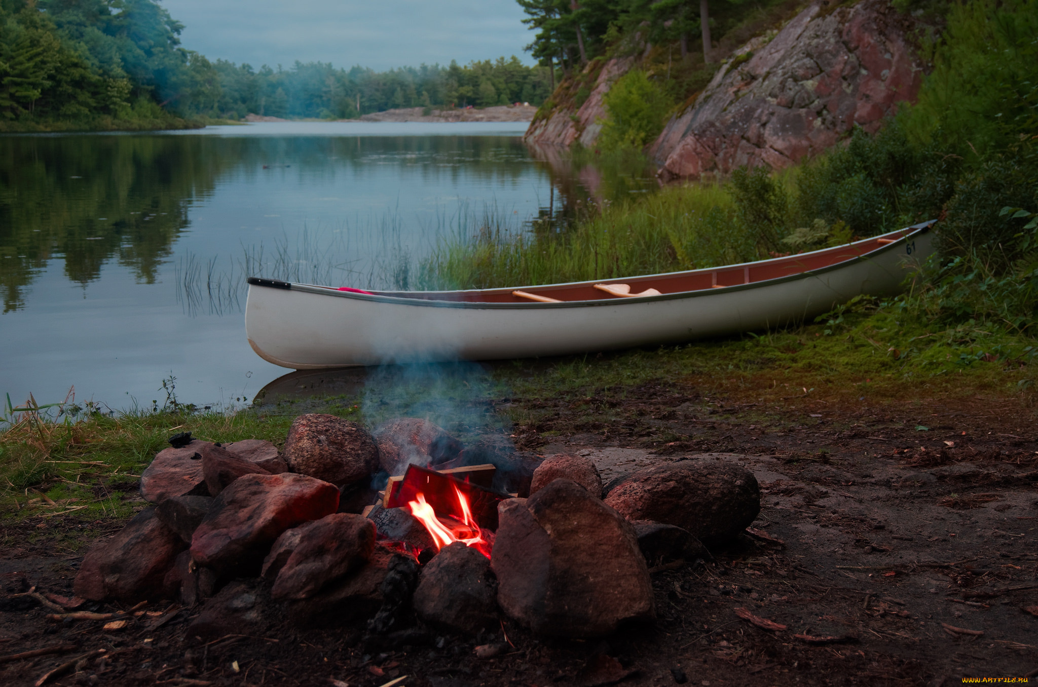 корабли, ледоколы, река, каноэ, костер