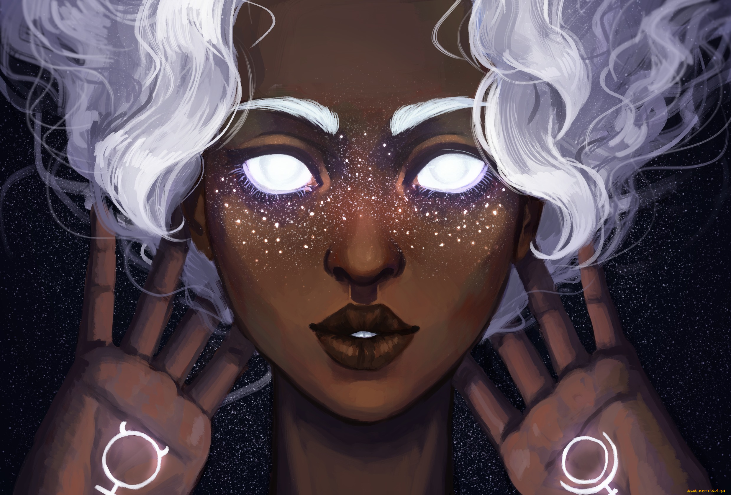 фэнтези, девушки, space, art, ладони, арт, лицо, девушка, ajgiel