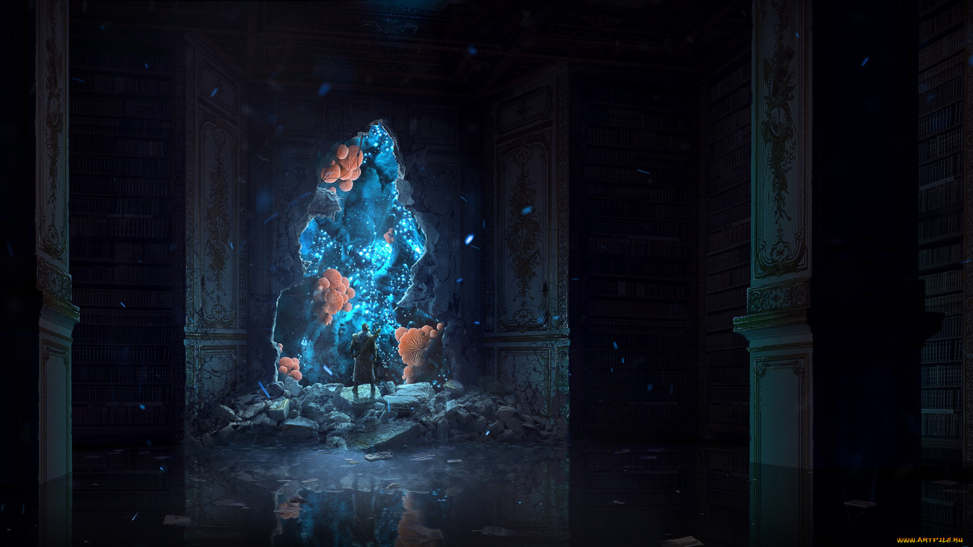 фэнтези, иные, миры, , иные, времена, темно, проем, зал, камни, колонны, человек