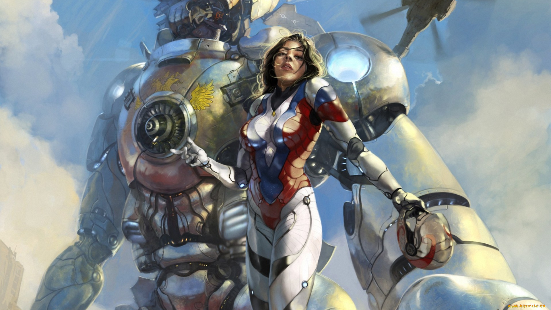 фэнтези, роботы, , киборги, , механизмы, гигантский, шлем, вертолет, небо, девушка, арт, робот, костюм
