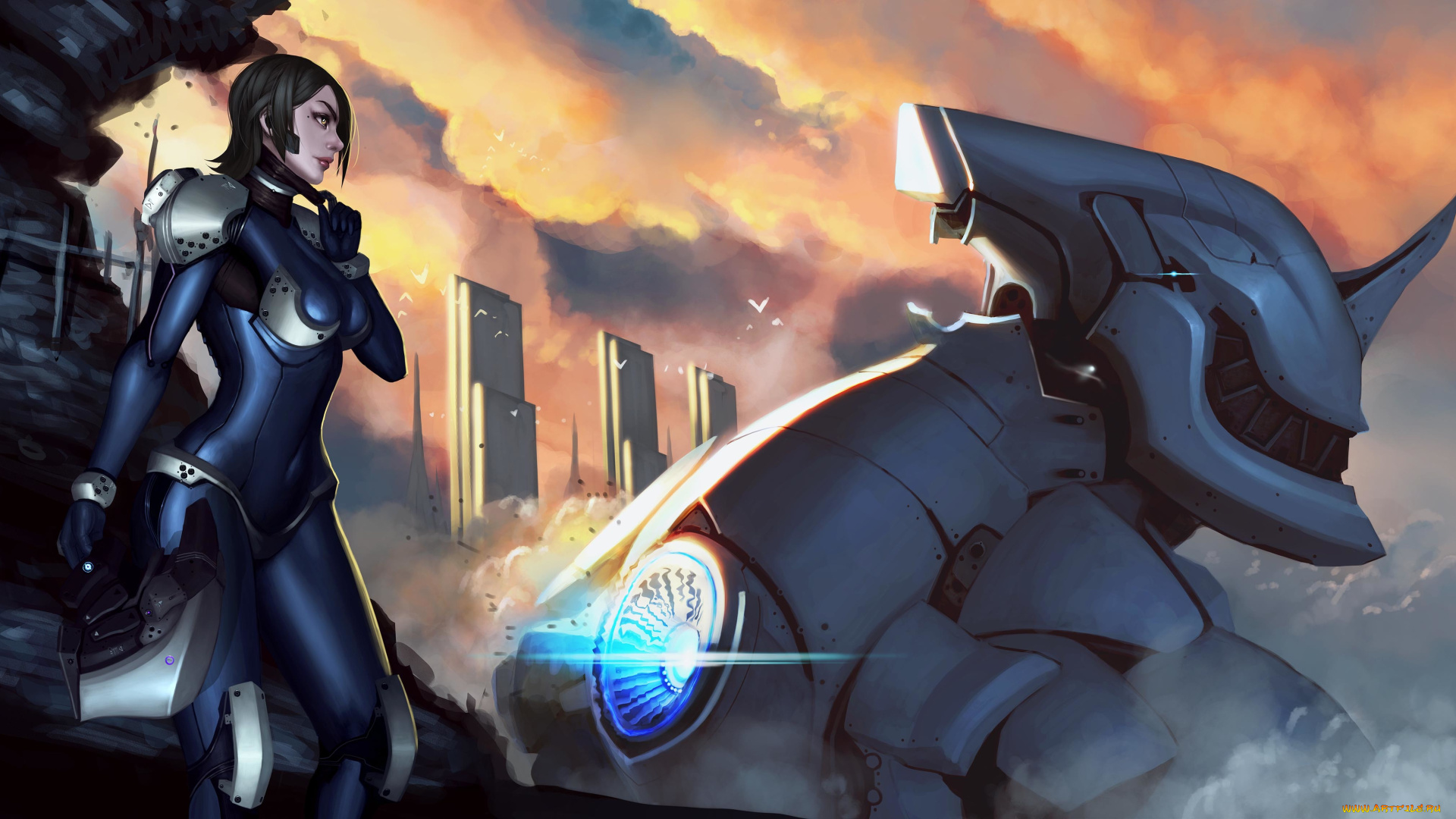 фэнтези, роботы, , киборги, , механизмы, меха, арт, шлем, город, гигантский, девушка, робот, облака