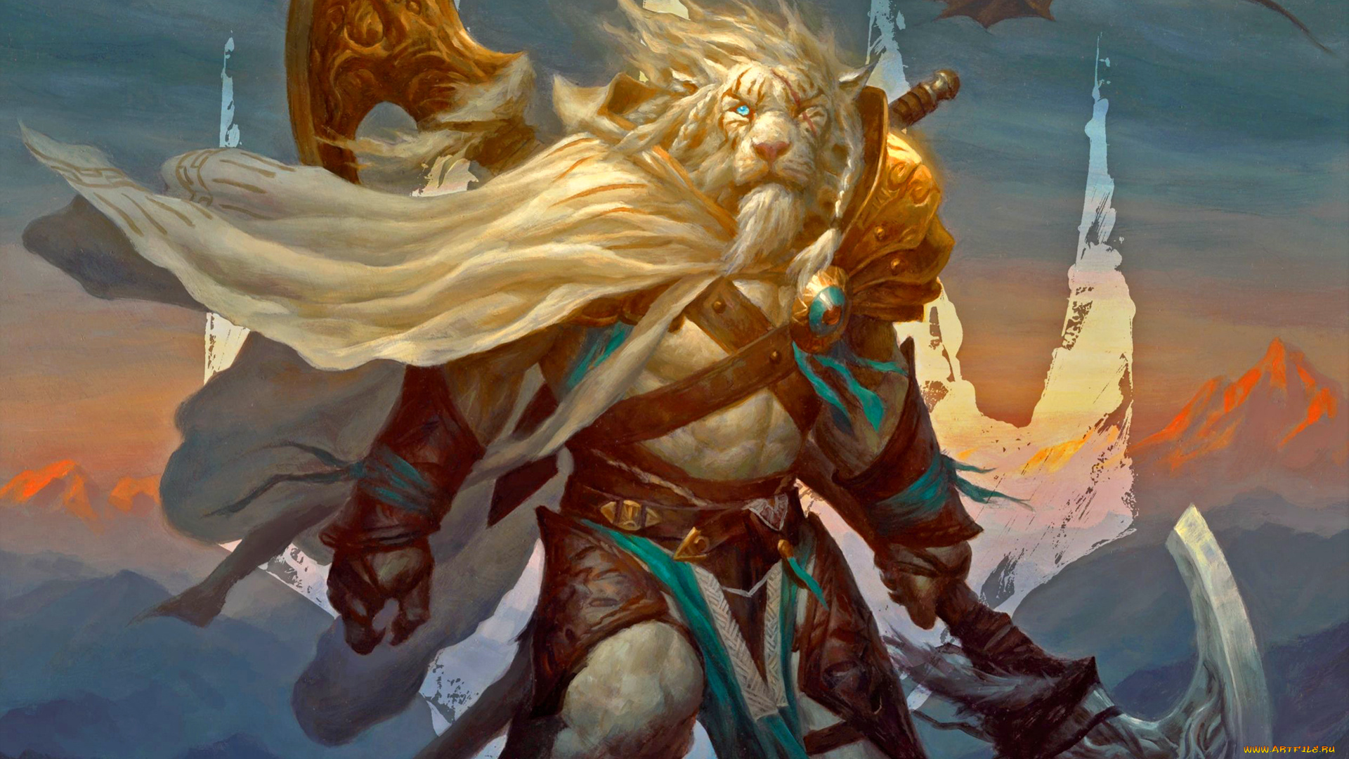 фэнтези, существа, воин, доспехи, лев, топор