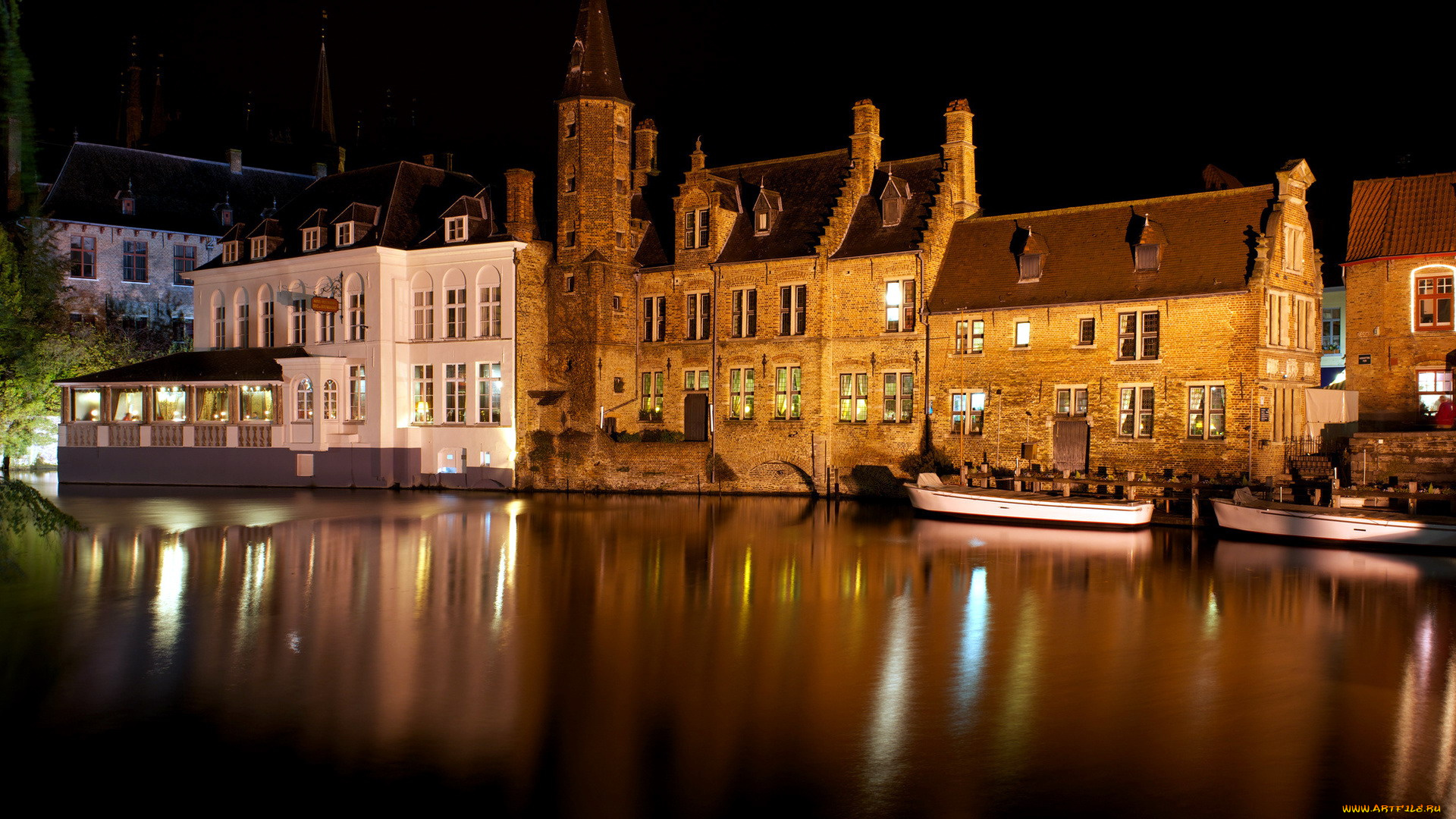 города, брюгге, , бельгия, канал, лодки, дома