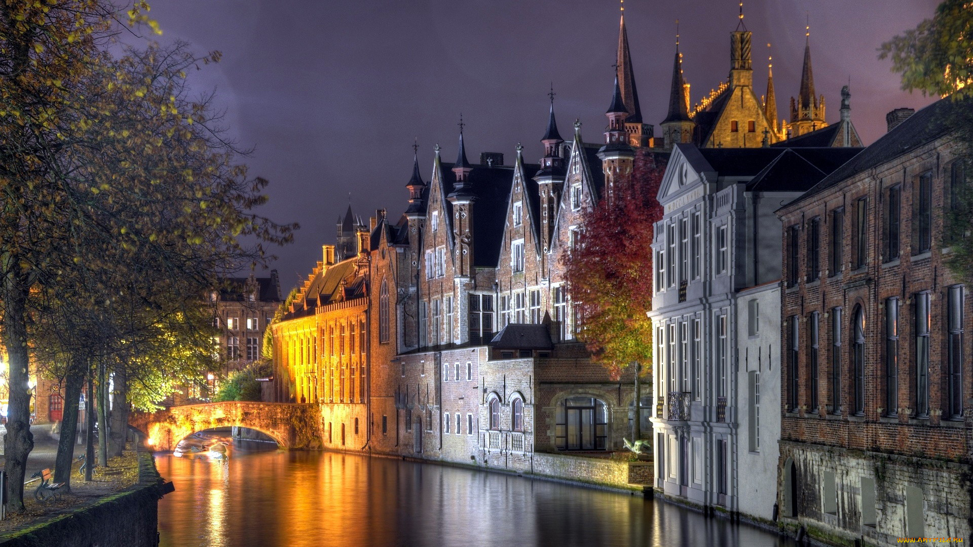 города, брюгге, , бельгия, мост, здания, вечер, канал