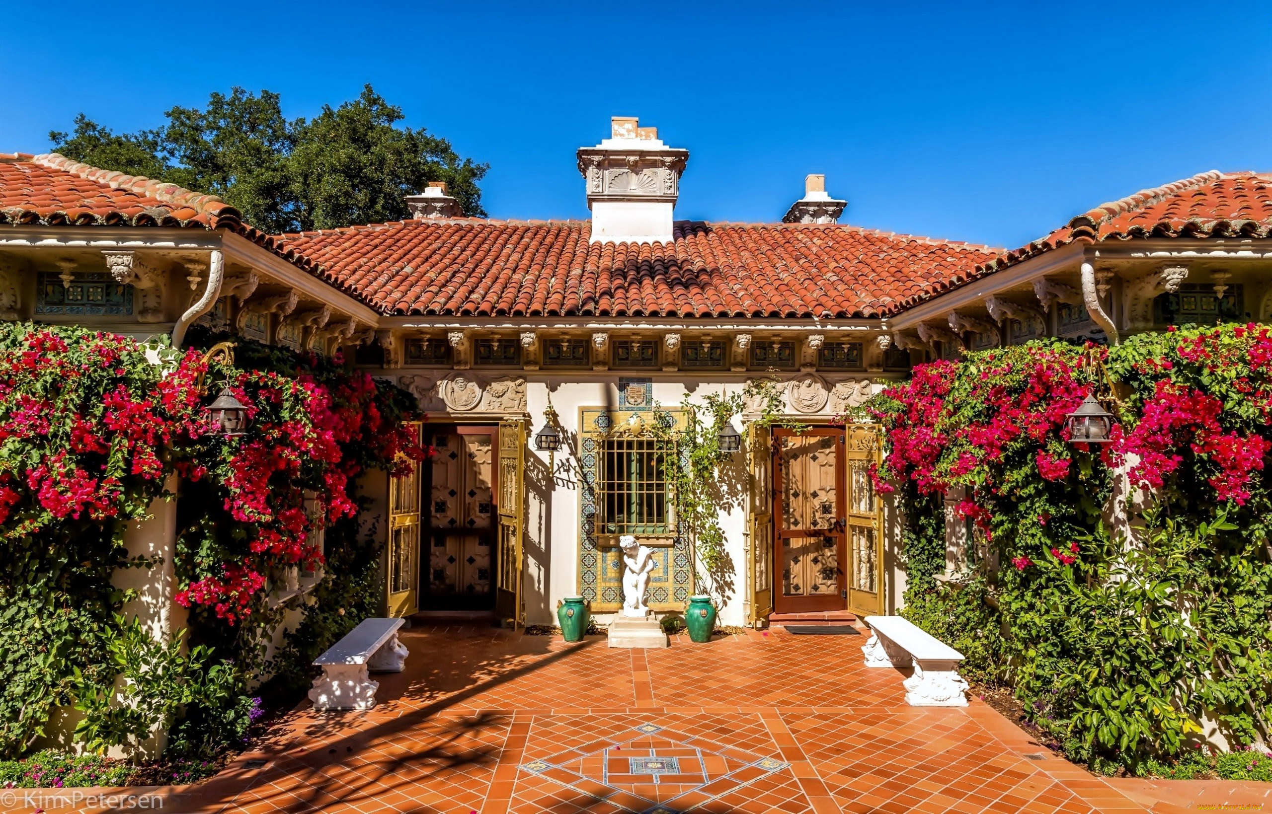 города, -, здания, , дома, цветы, вазы, патио, скульптура