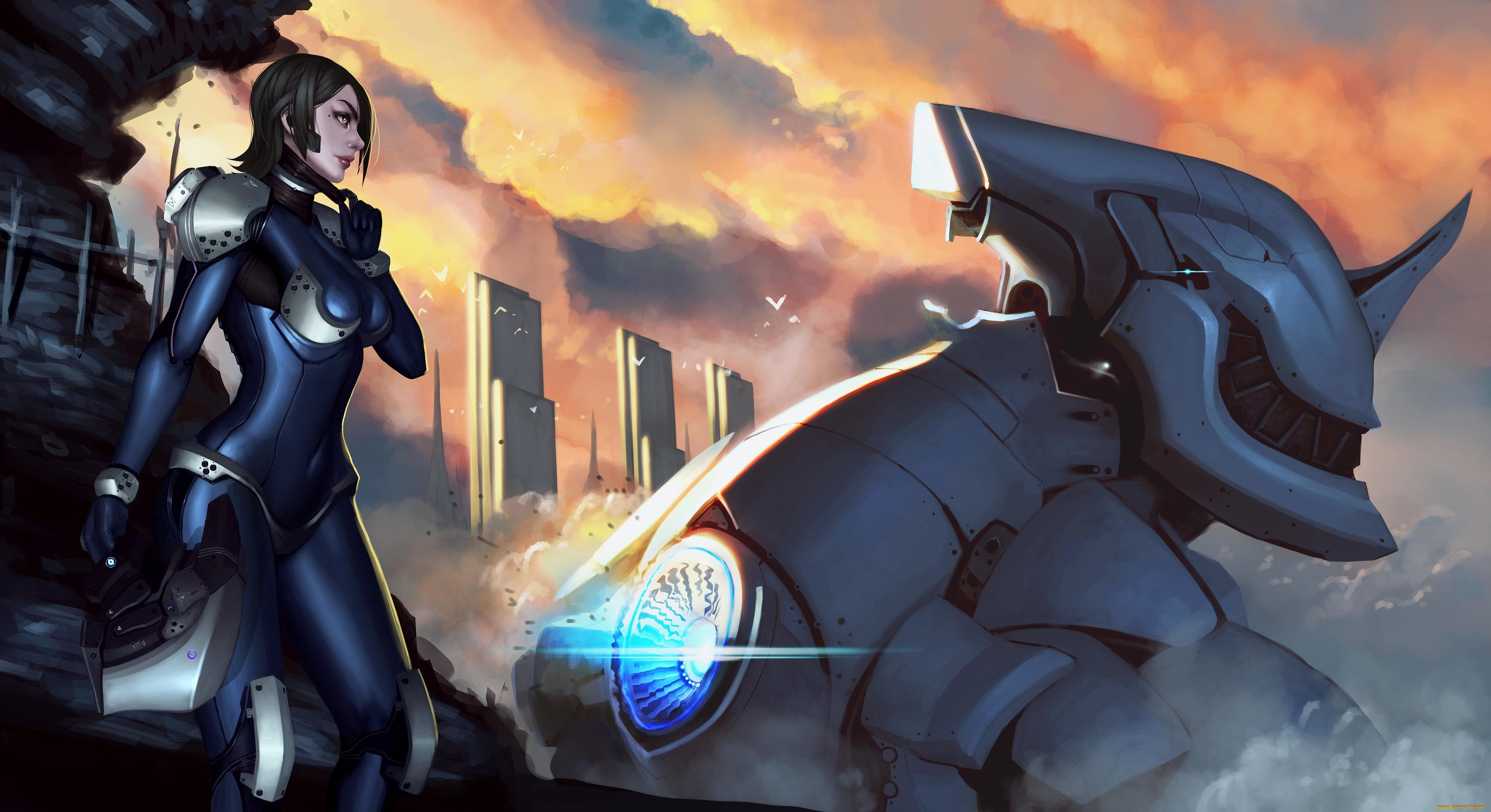 фэнтези, роботы, , киборги, , механизмы, меха, арт, шлем, город, гигантский, девушка, робот, облака