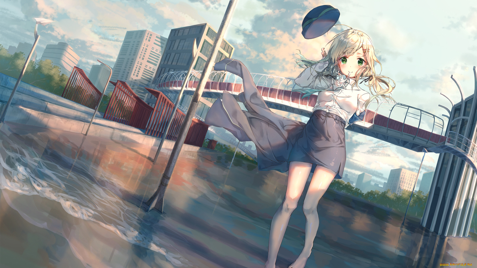 аниме, город, , улицы, , здания, девушка