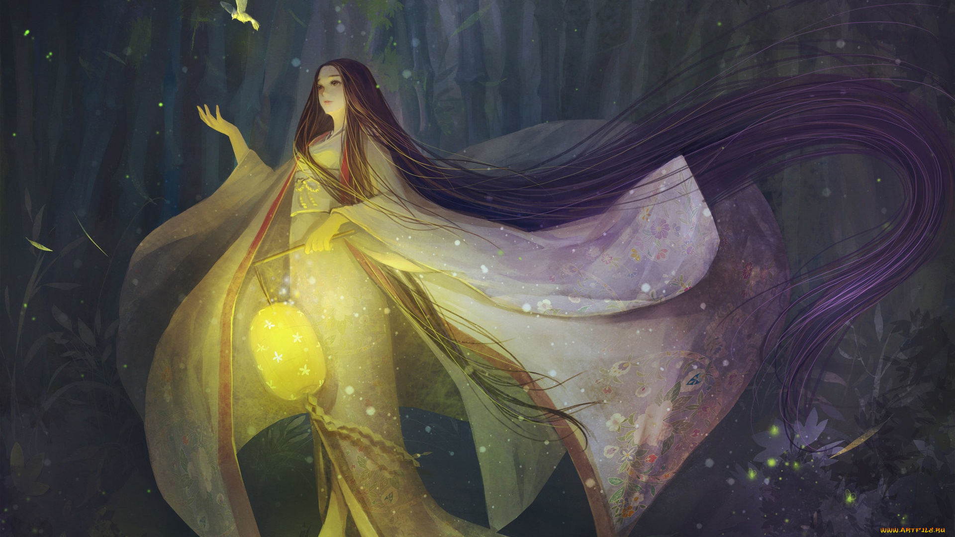 аниме, магия, , колдовство, , halloween, птичка, fantasy, повесть, о, старике, такэтори, иллюстрация, фонарик, orry, lee, лес, арт